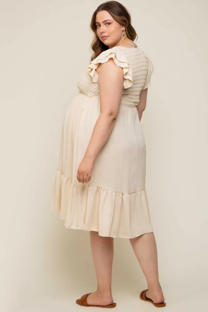 Beige Smocked Layered Ruffle Flutter Sleeve Maternity Plus Midi Dress sold by Pinkblush product image thumbnail 3