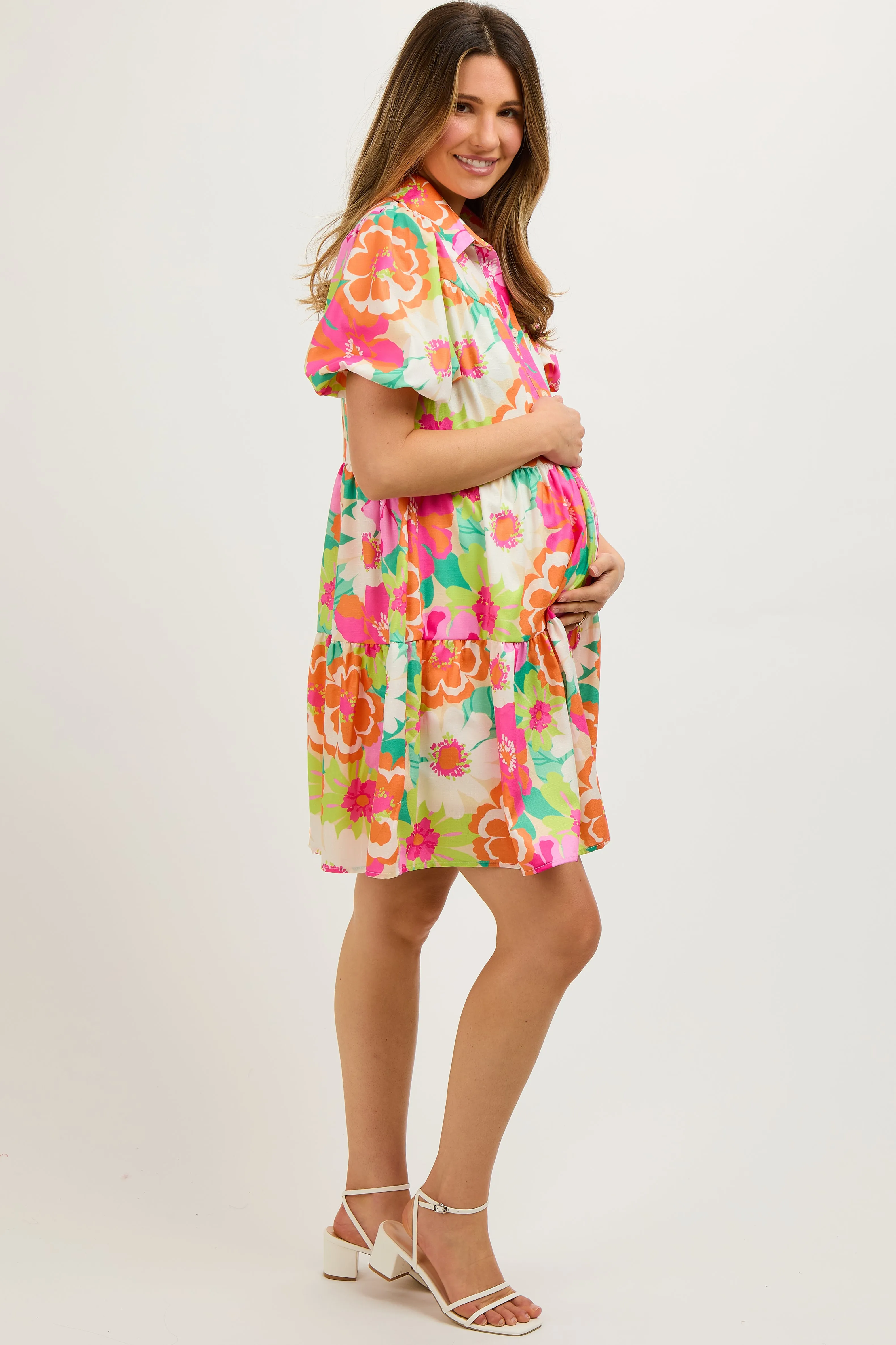 Fuchsia Floral Collared Button Up Tiered Maternity Dress sold by Pinkblush product image thumbnail 3