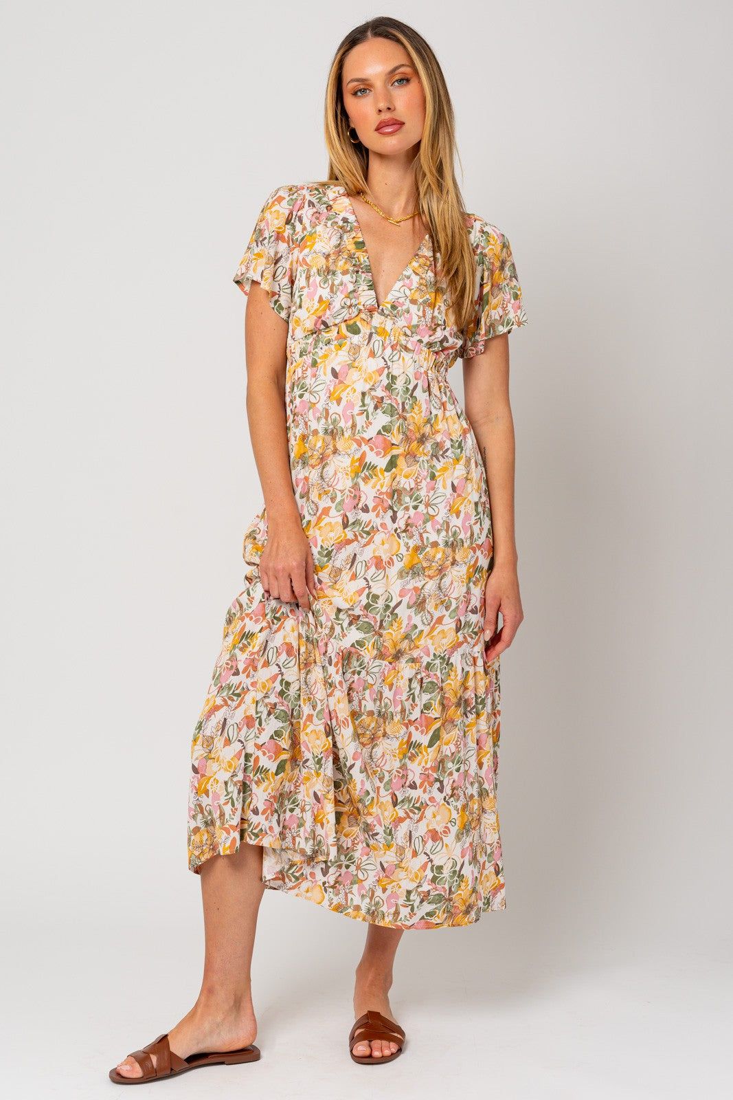 White Floral V-Neck Ruffle Maxi Dress sold by Pinkblush