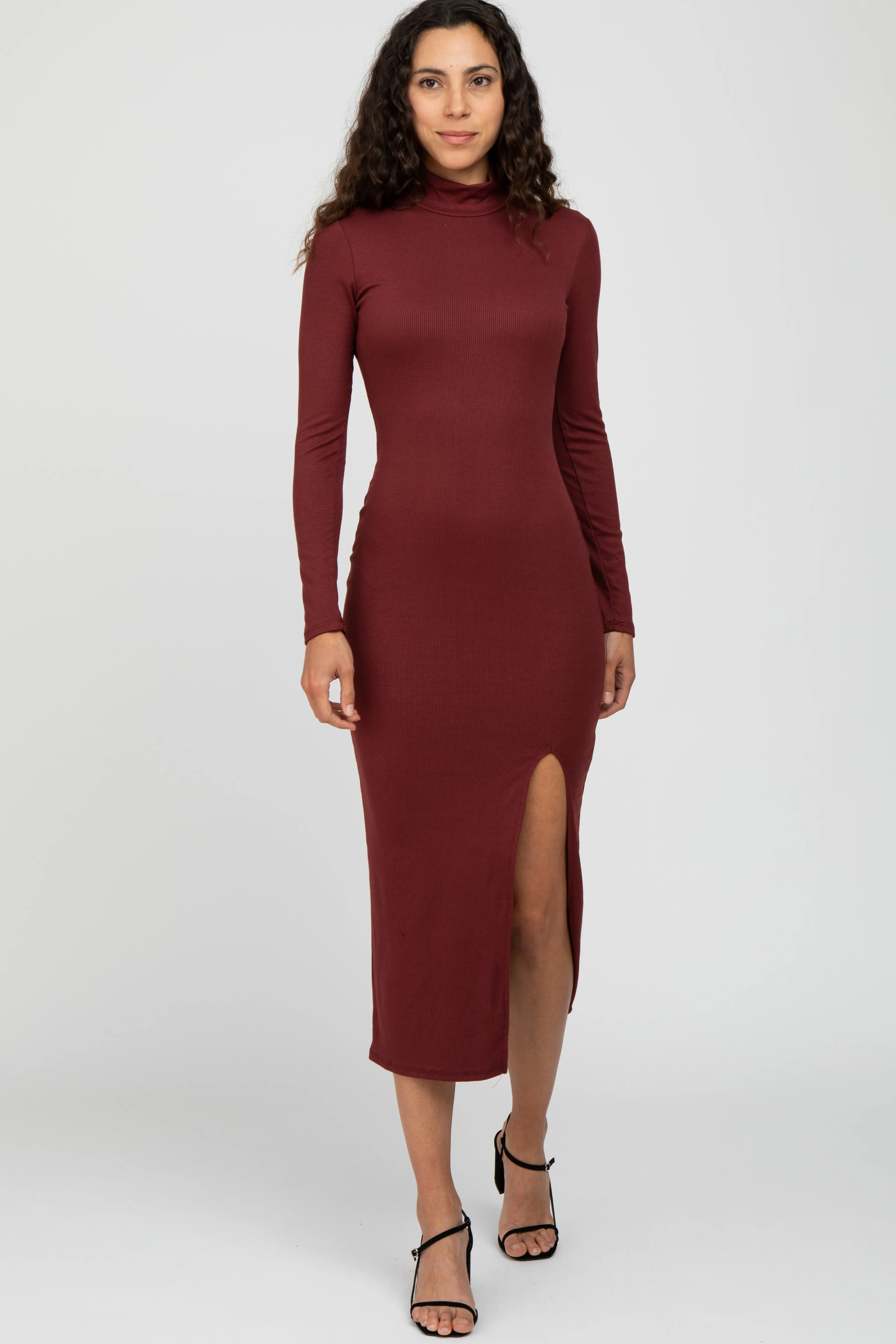 Burgundy Ribbed Mock Neck Side Slit Maxi Dress sold by Pinkblush