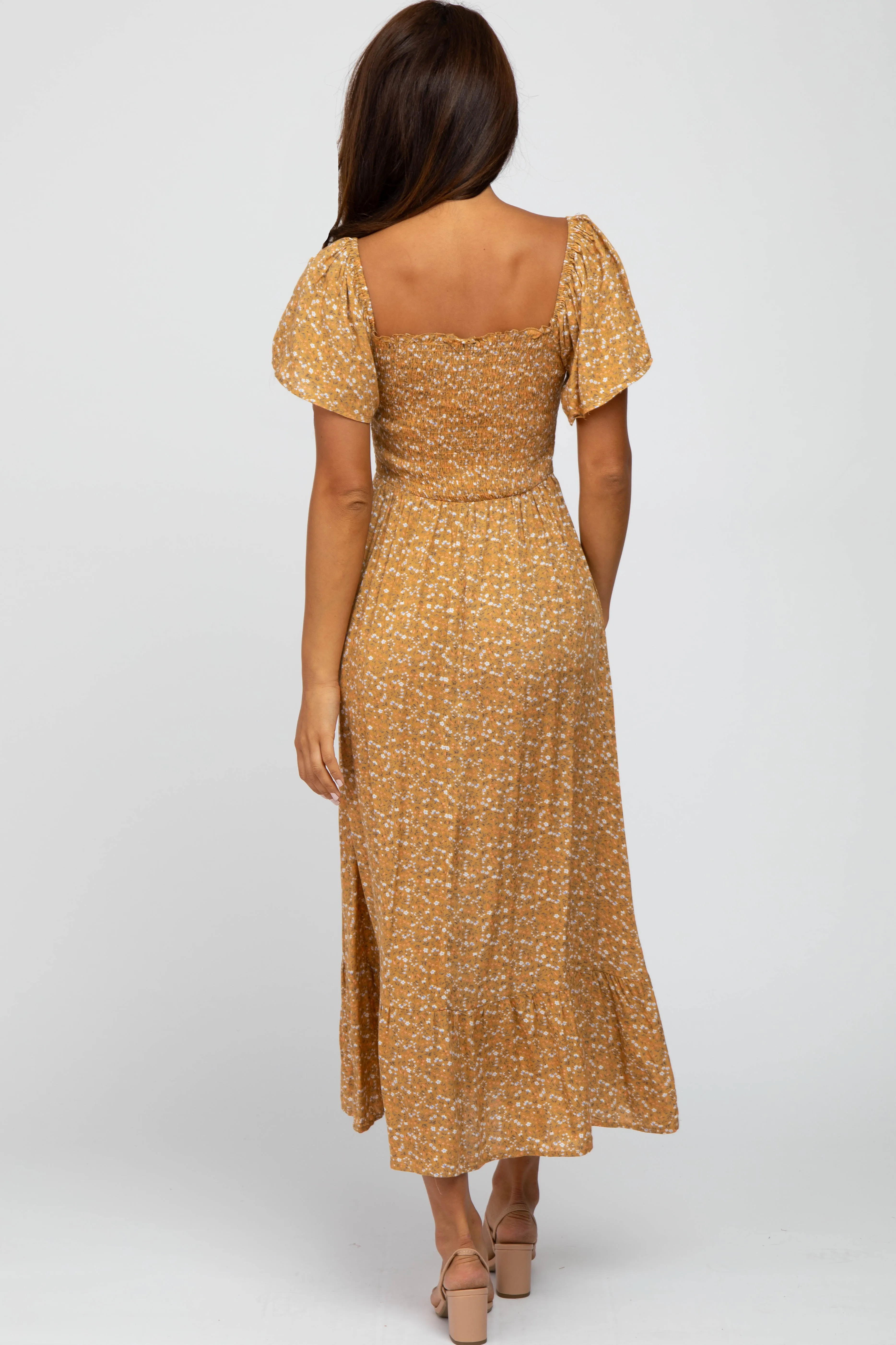 Mustard Floral Smocked Maxi Dress sold by Pinkblush product image thumbnail 4