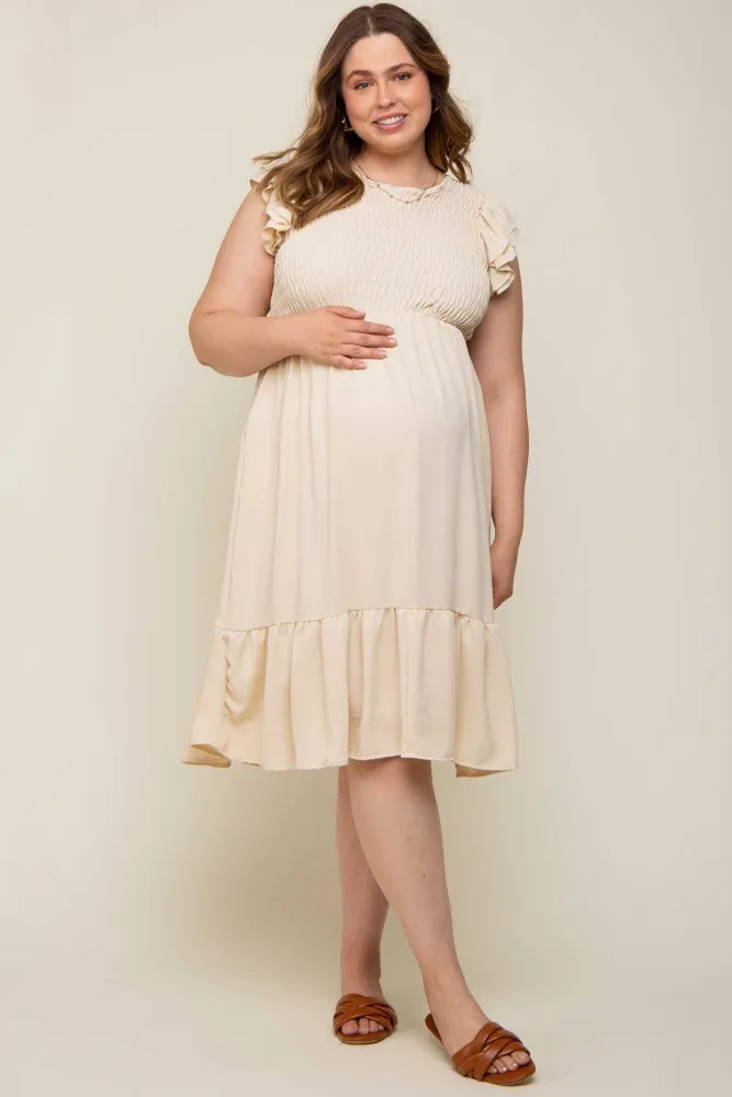 Beige Smocked Layered Ruffle Flutter Sleeve Maternity Plus Midi Dress sold by Pinkblush