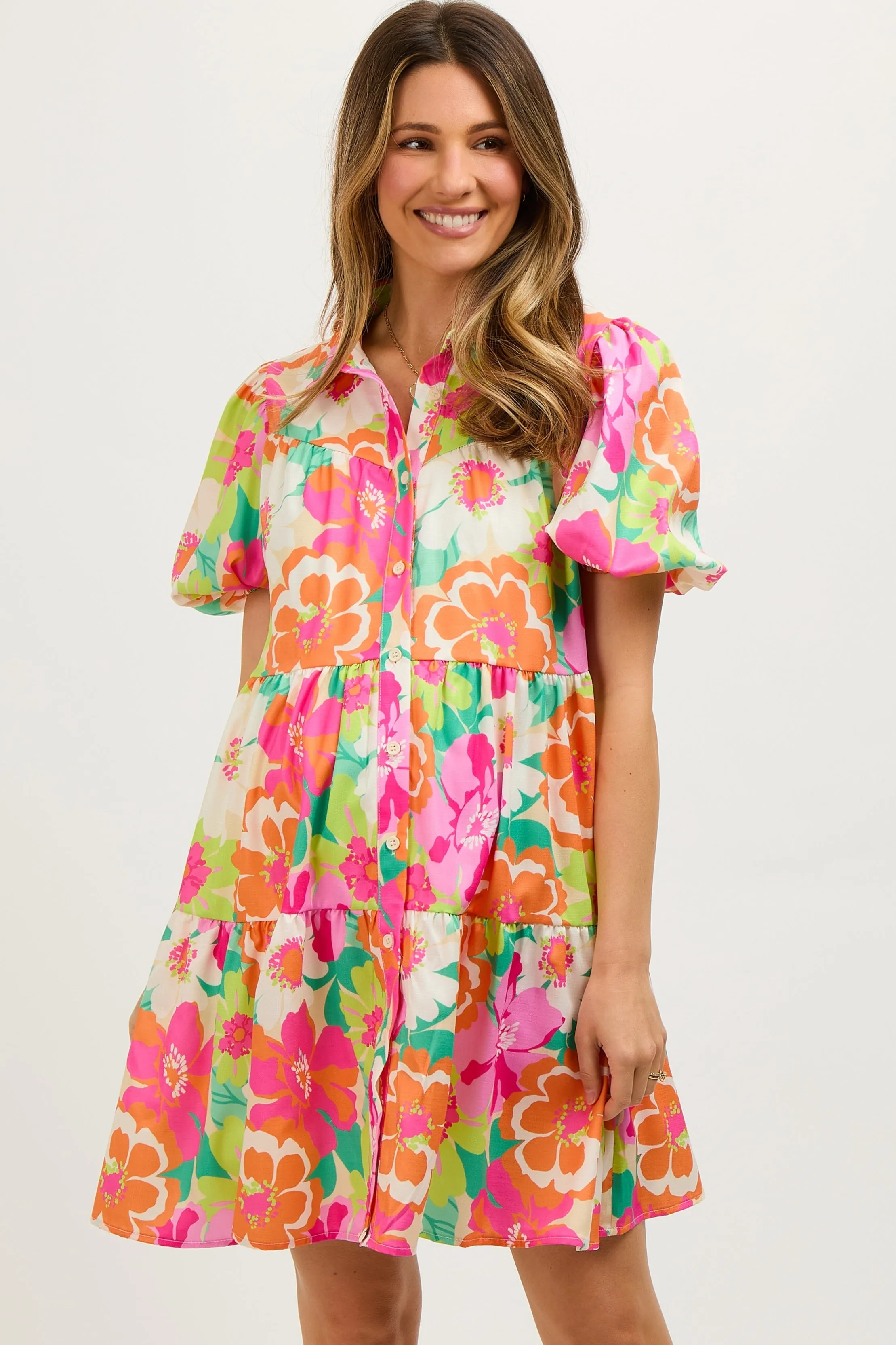 Fuchsia Floral Collared Button Up Tiered Maternity Dress sold by Pinkblush