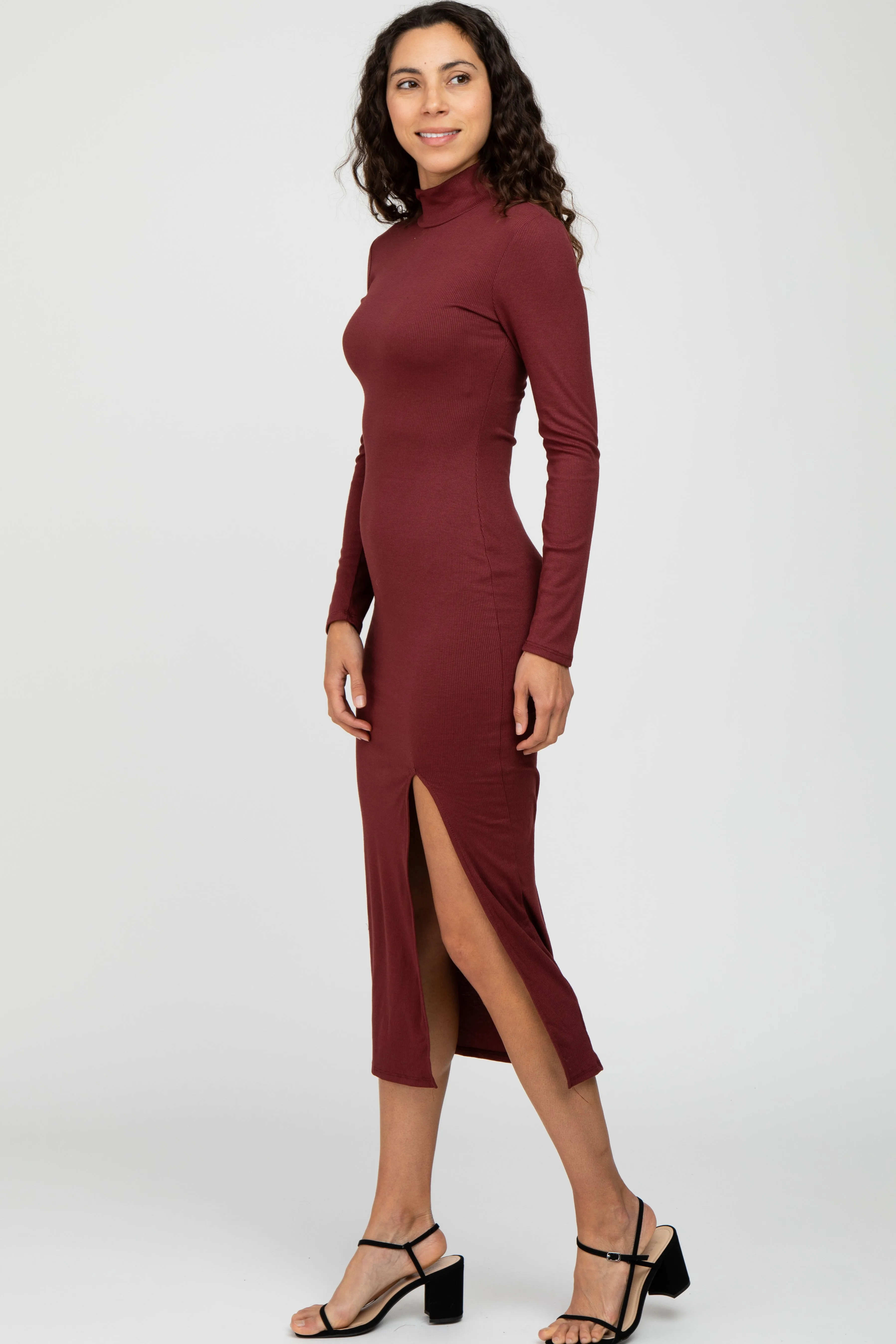 Burgundy Ribbed Mock Neck Side Slit Maxi Dress sold by Pinkblush product image thumbnail 2