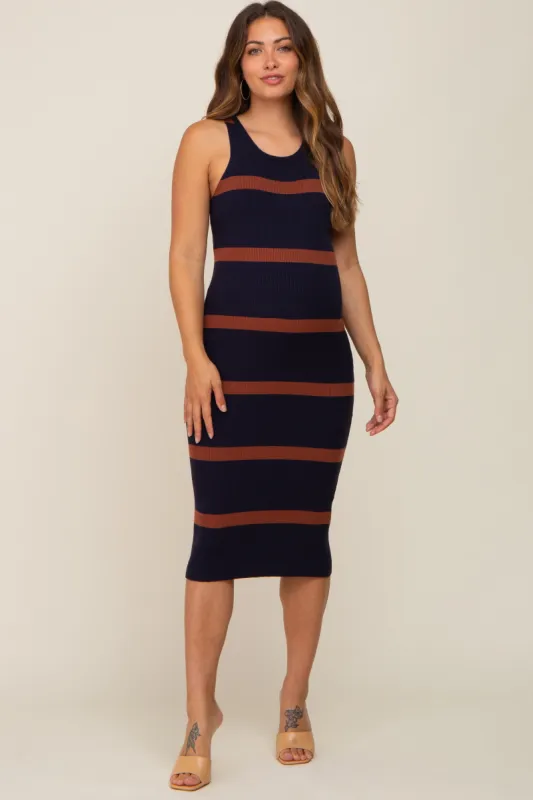 Navy Brown Sleeveless Sweater Maternity Midi Dress sold by Pinkblush