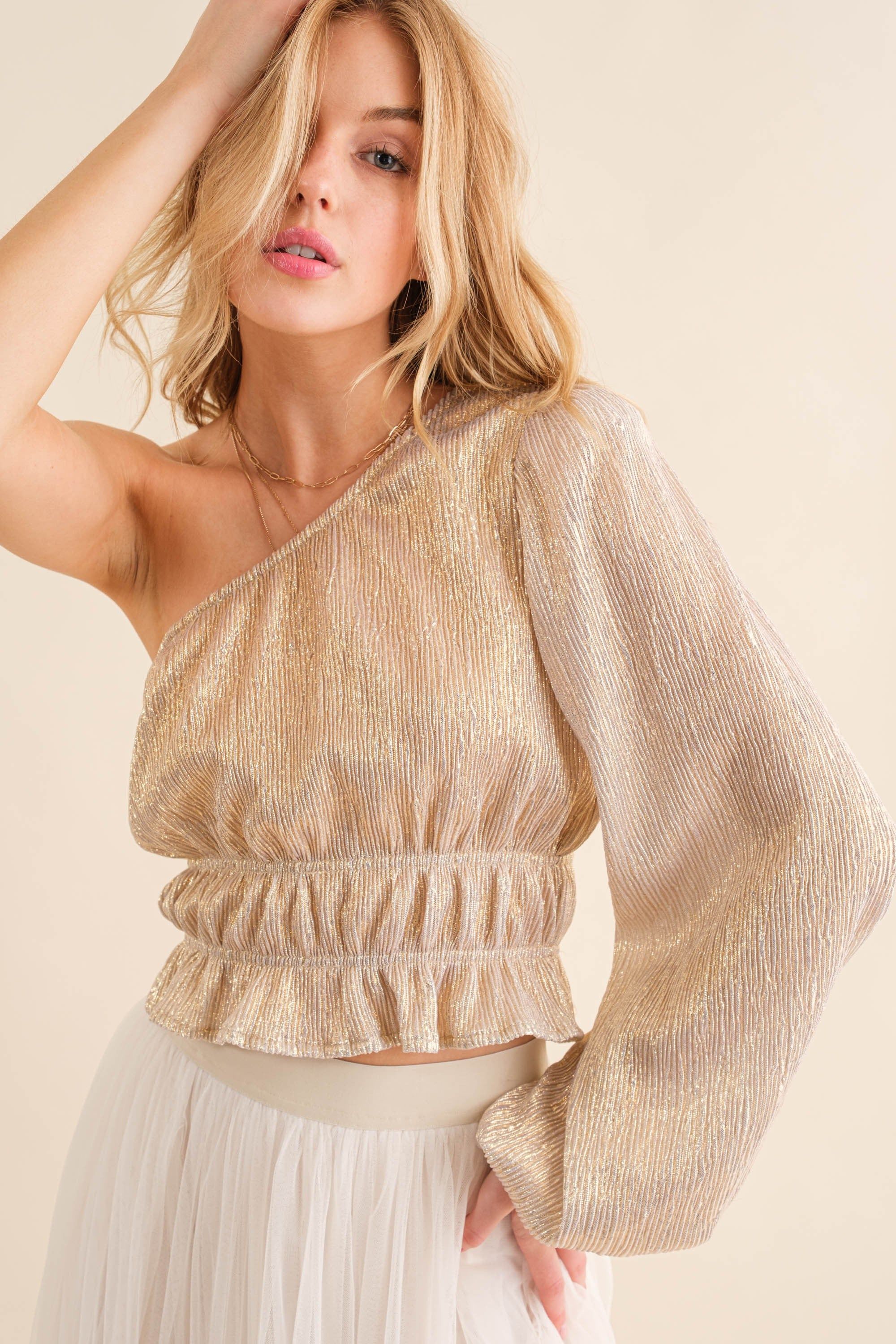 Champagne Pleated One Shoulder Dressy Top sold by Pinkblush product image thumbnail 2