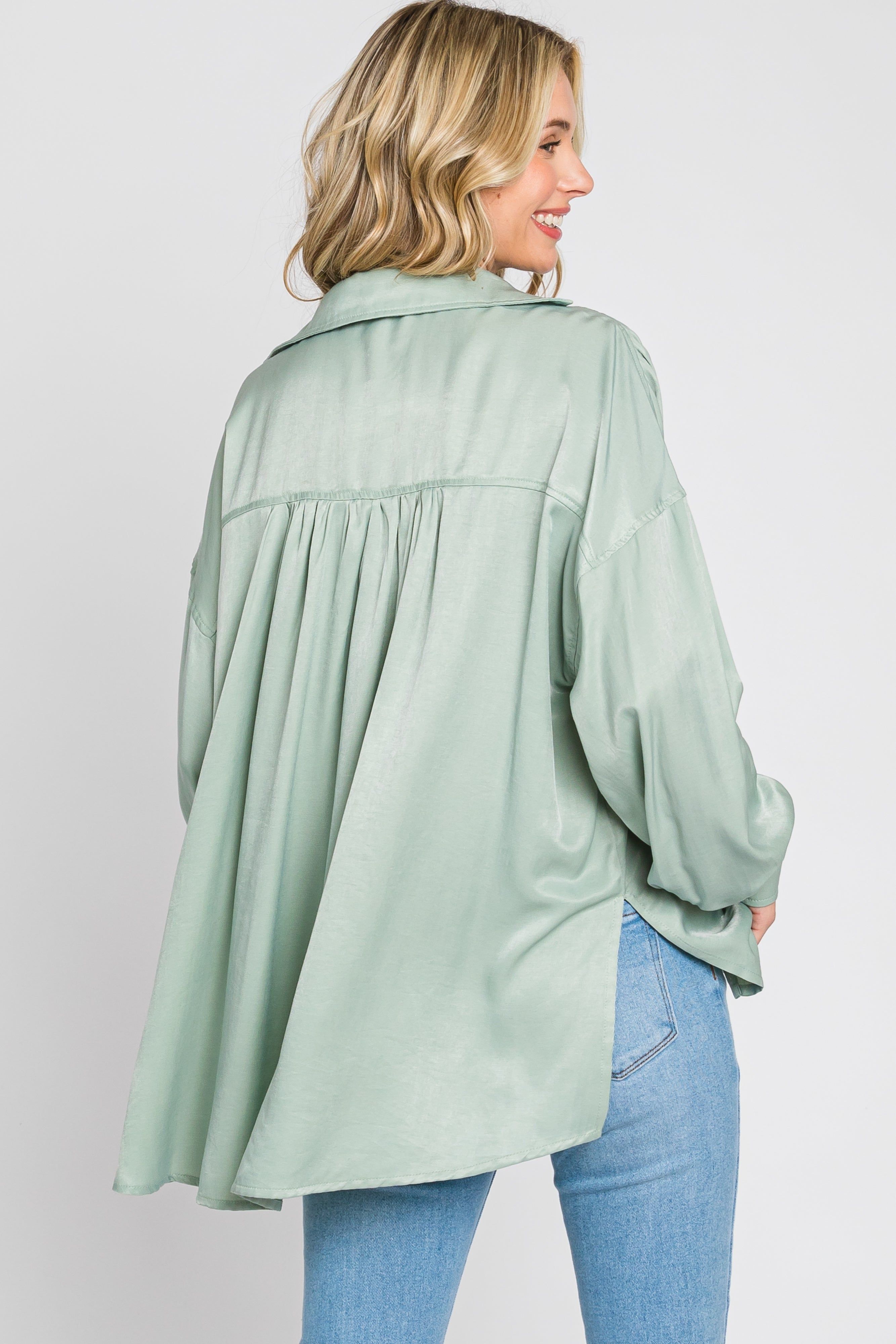 Mint Green Silk Collared V-Neck Long Sleeve Blouse sold by Pinkblush product image thumbnail 3