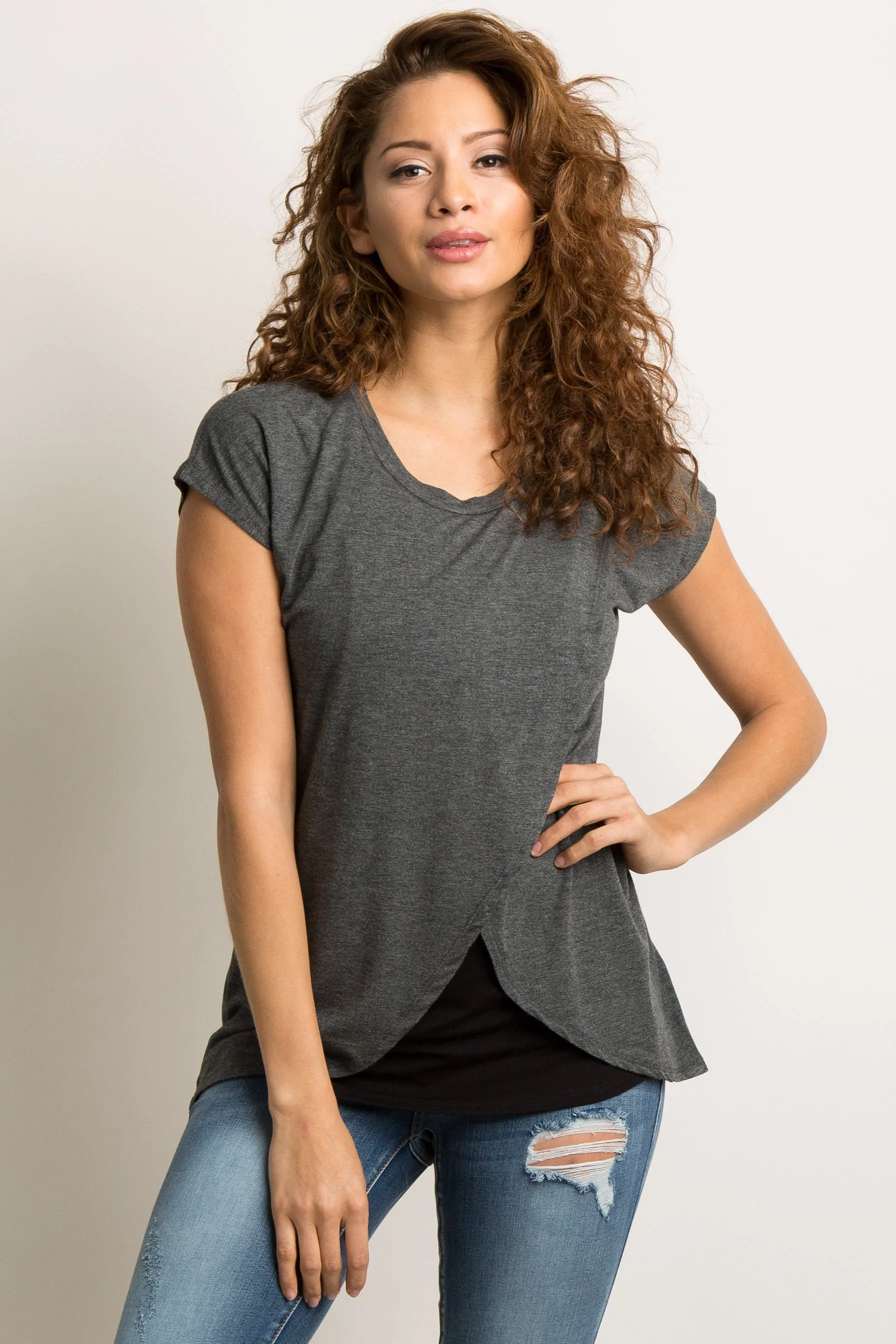 Charcoal Grey Layered Wrap Front Nursing Top sold by Pinkblush