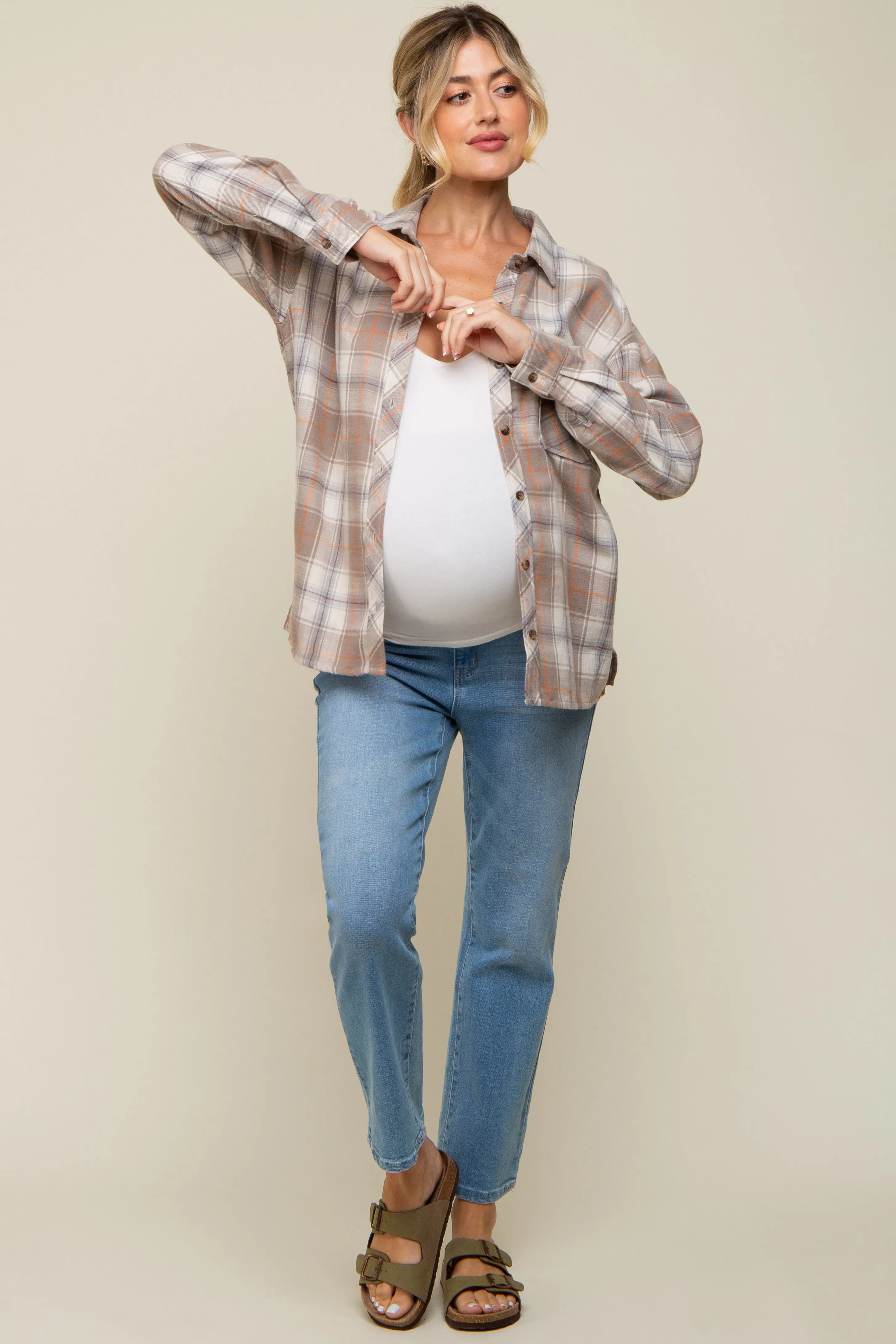 Taupe Flannel Plaid Button Up Maternity Top sold by Pinkblush product image thumbnail 4