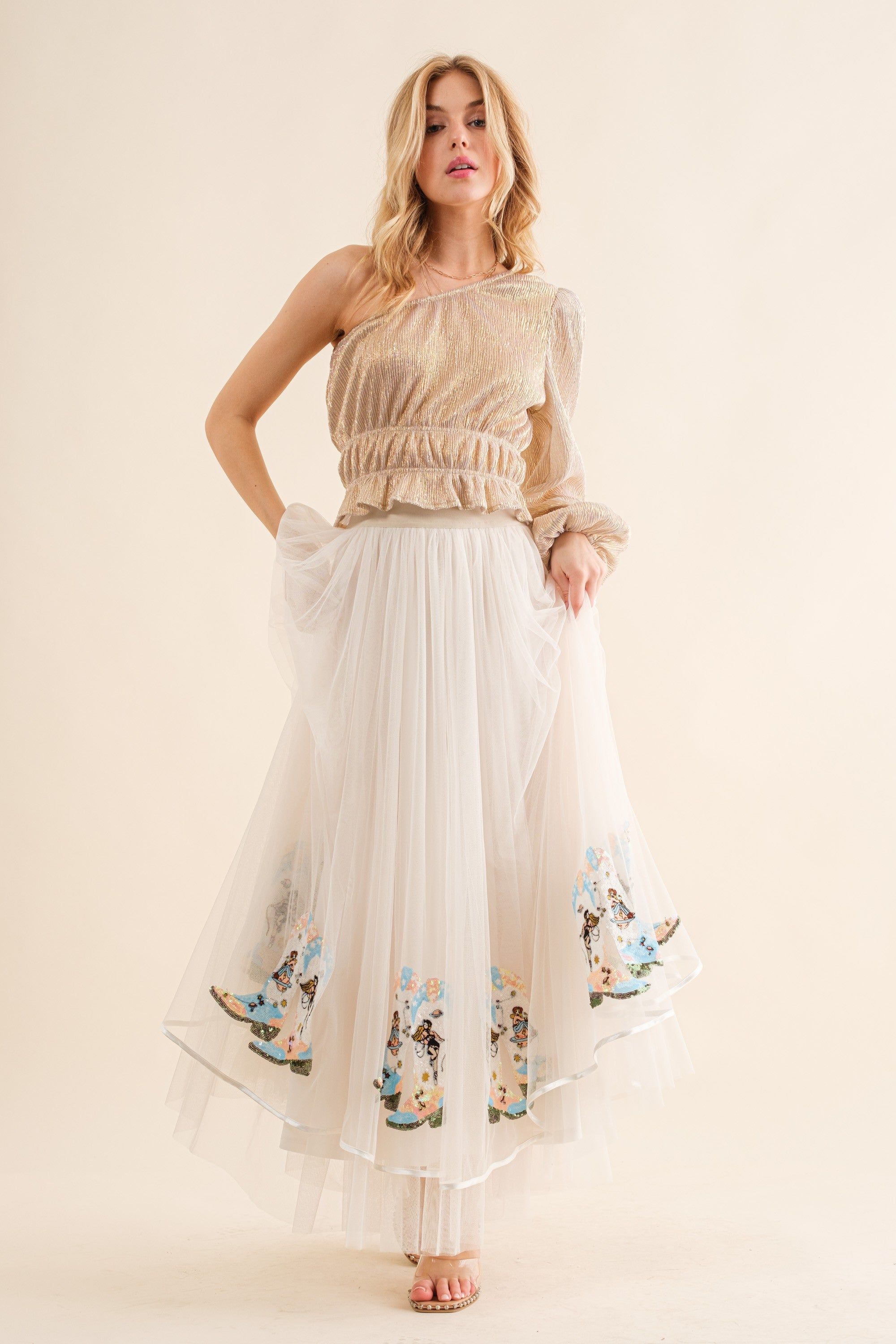 Champagne Pleated One Shoulder Dressy Top sold by Pinkblush product image thumbnail 3