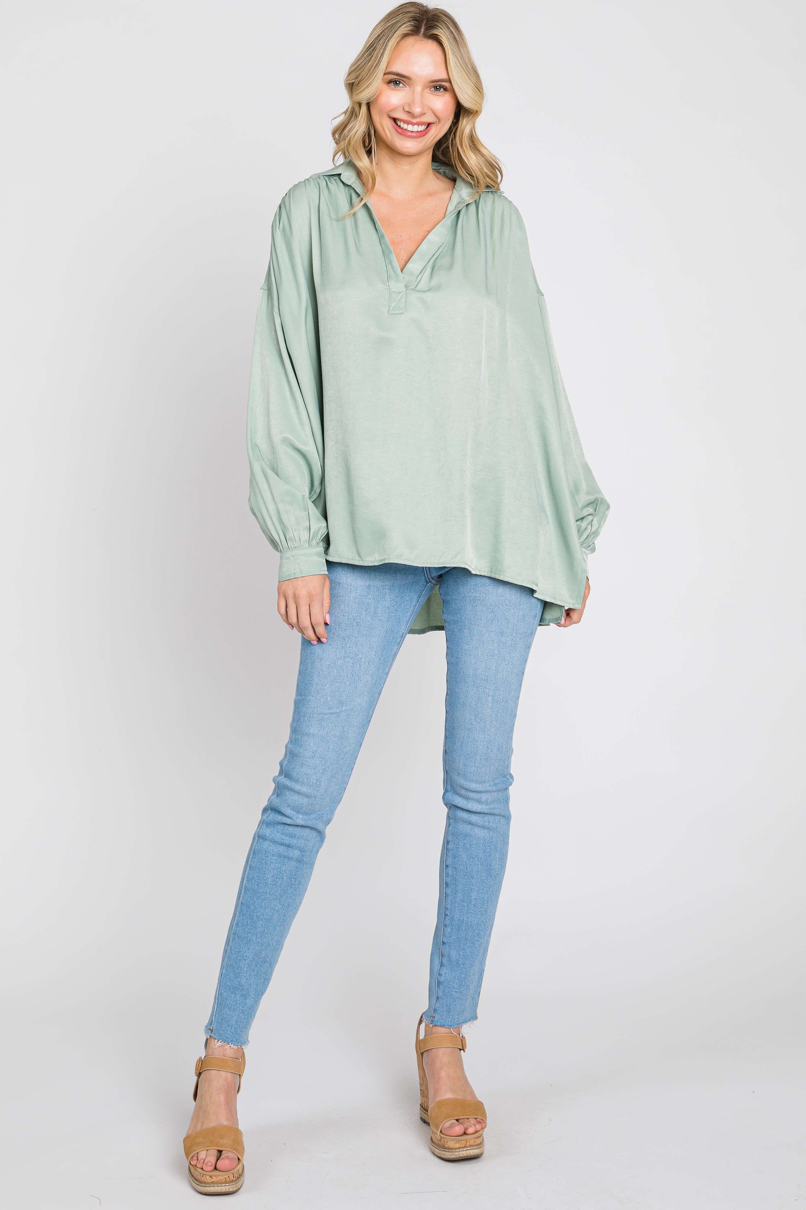 Mint Green Silk Collared V-Neck Long Sleeve Blouse sold by Pinkblush product image thumbnail 4