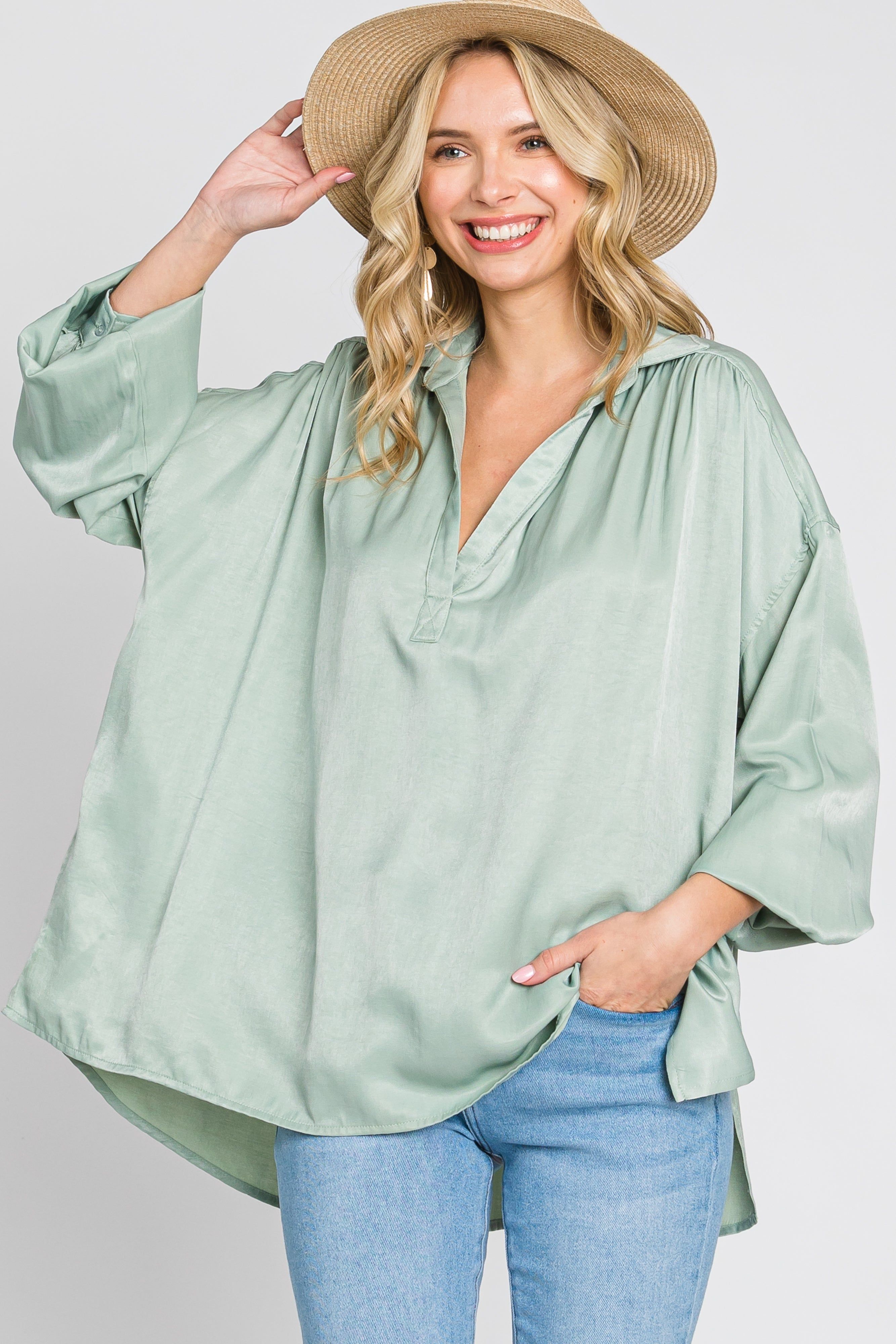 Mint Green Silk Collared V-Neck Long Sleeve Blouse sold by Pinkblush