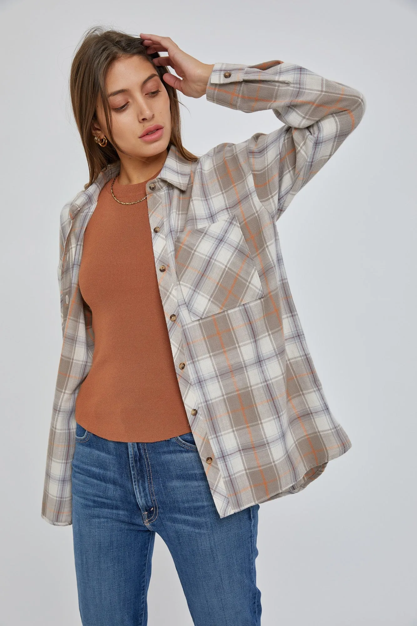 Taupe Flannel Plaid Button Up Maternity Top sold by Pinkblush product image thumbnail 5