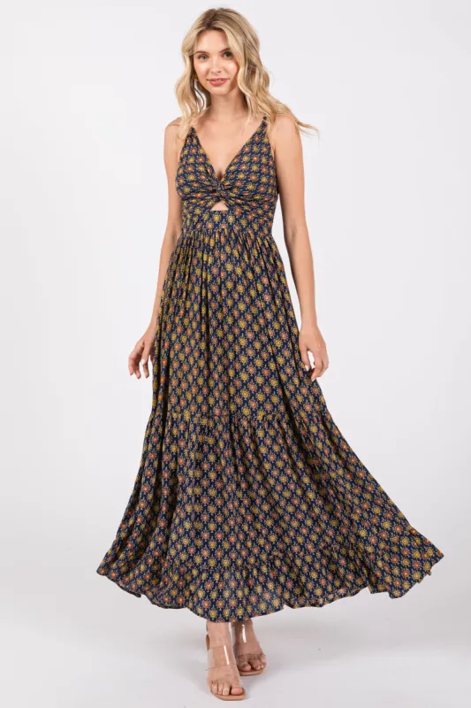 Navy Printed Cutout Maxi Dress sold by Pinkblush