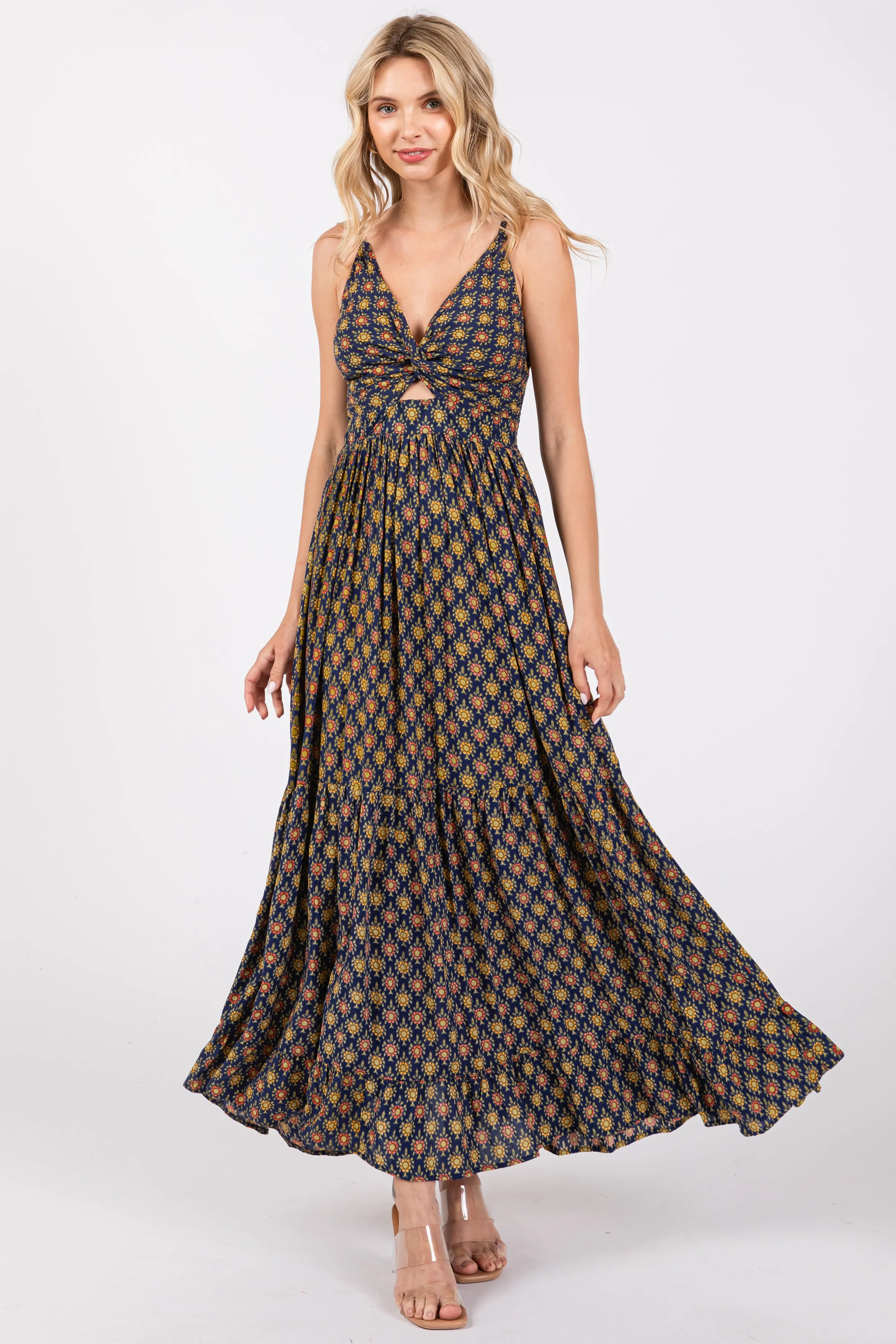 Navy Printed Cutout Maxi Dress sold by Pinkblush