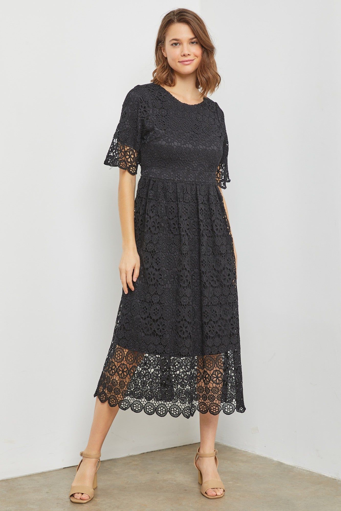 Black Lace Trimmed Midi Dress sold by Pinkblush