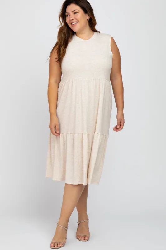 Beige Ribbed Sleeveless Plus Midi Dress sold by Pinkblush