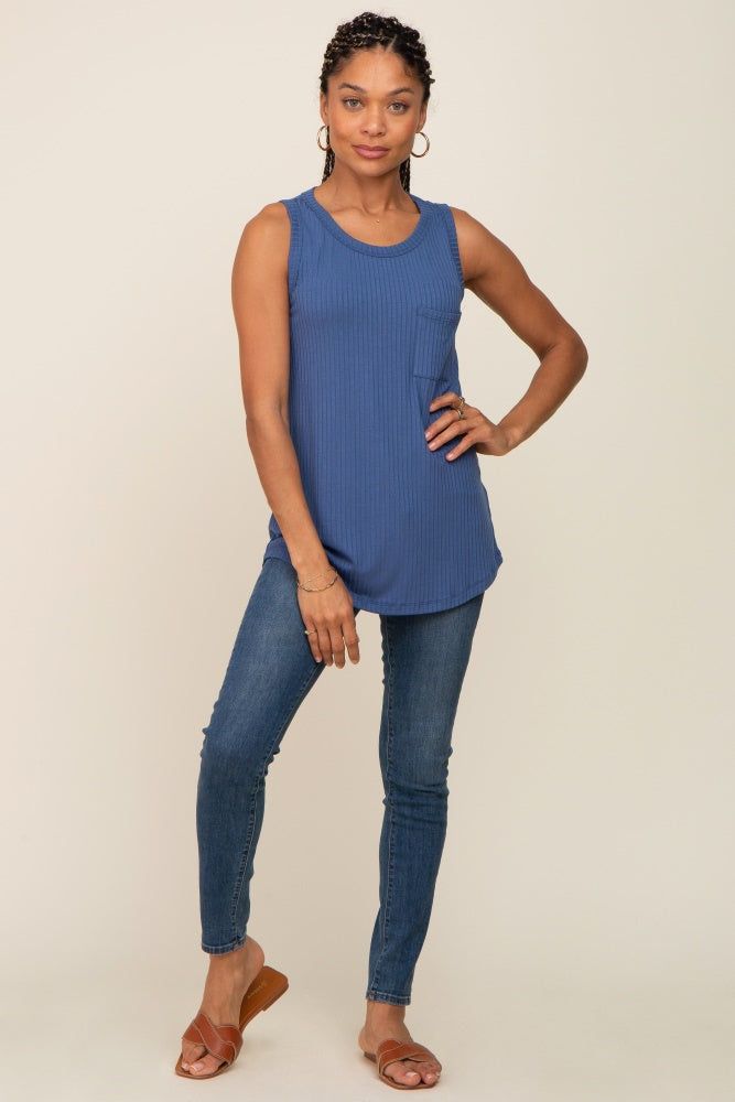 Blue Sleeveless Ribbed Pocked Top sold by Pinkblush product image thumbnail 4