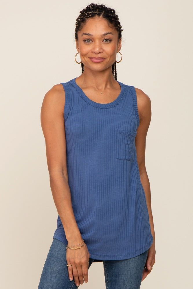Blue Sleeveless Ribbed Pocked Top sold by Pinkblush