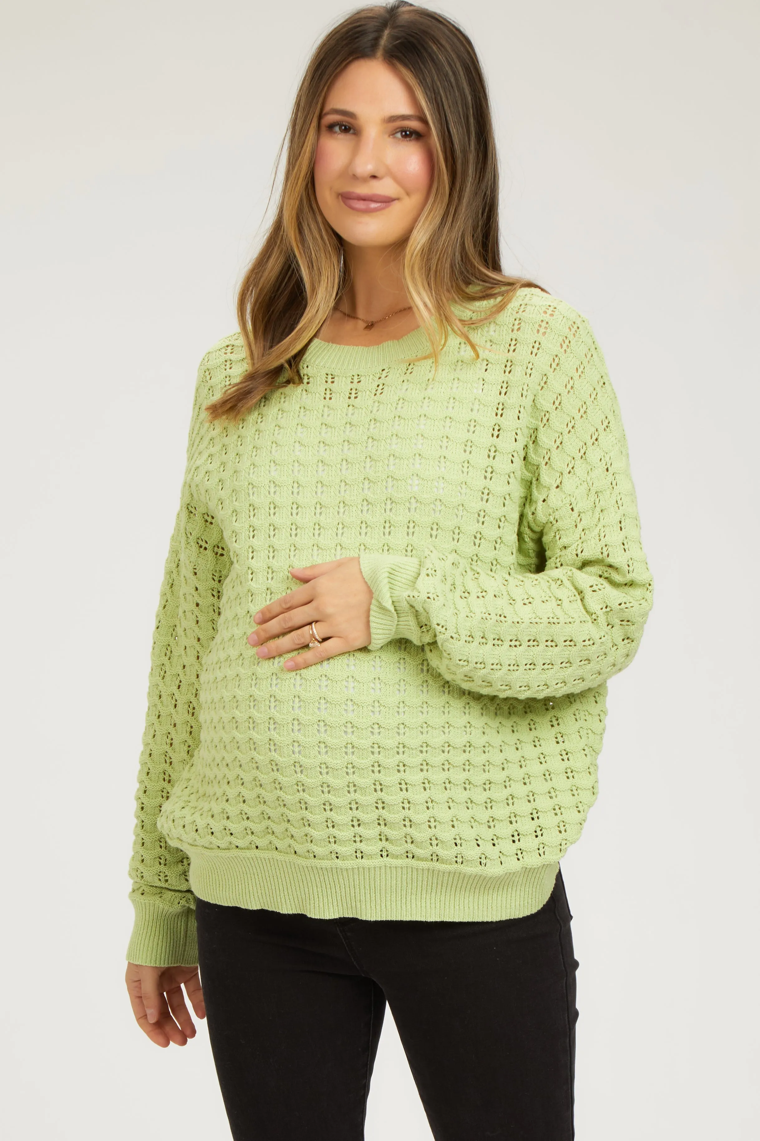 Lime Open Knit Maternity Long Sleeve Top sold by Pinkblush