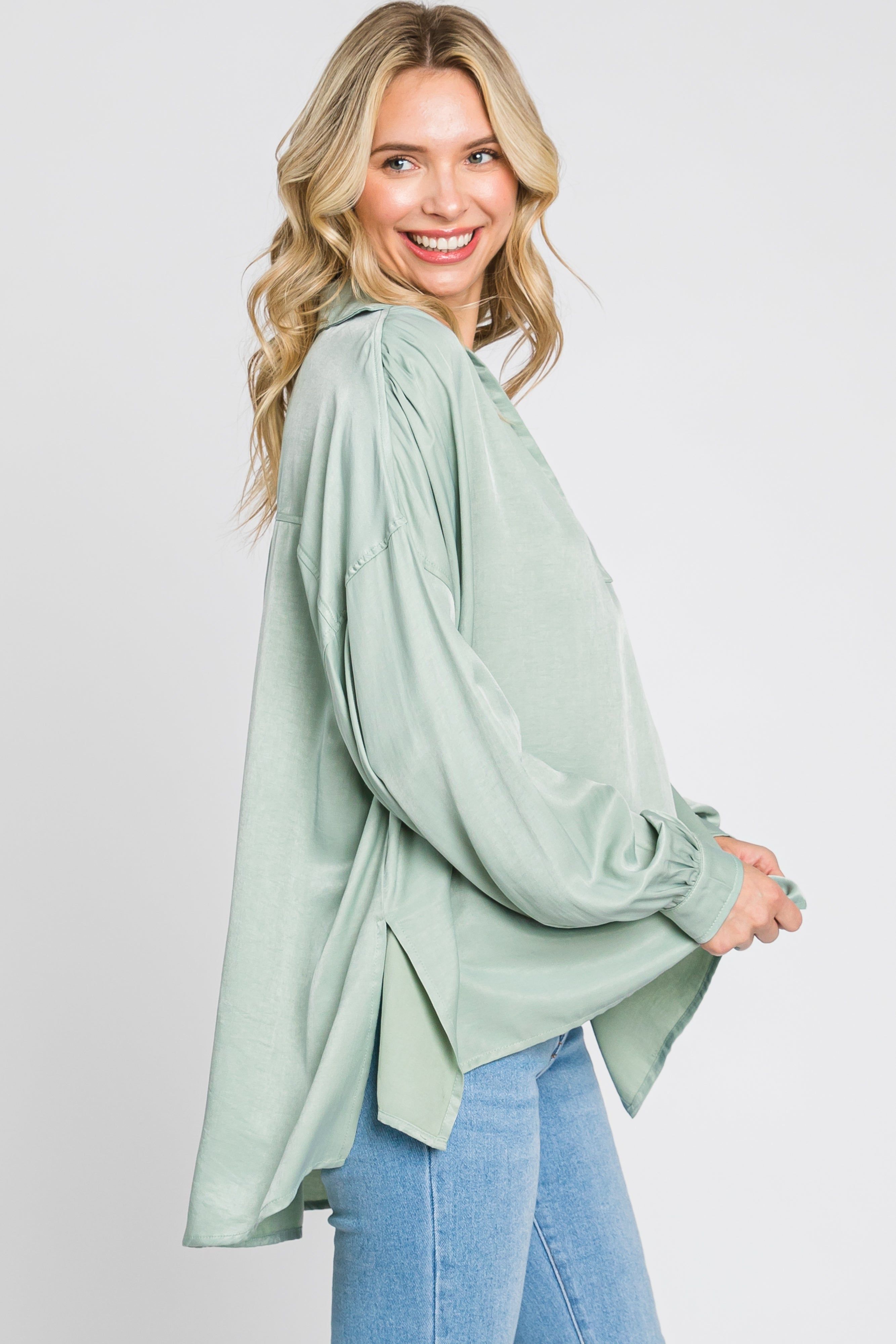 Mint Green Silk Collared V-Neck Long Sleeve Blouse sold by Pinkblush product image thumbnail 2