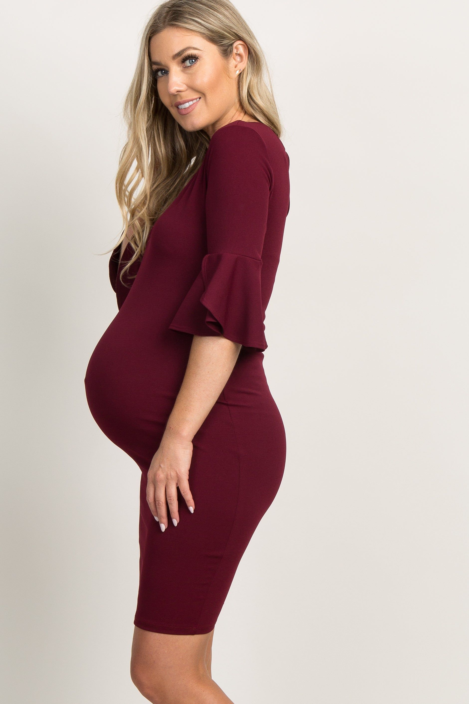 PinkBlush Burgundy Fitted Ruffle Sleeve Maternity Dress sold by Pinkblush product image thumbnail 3
