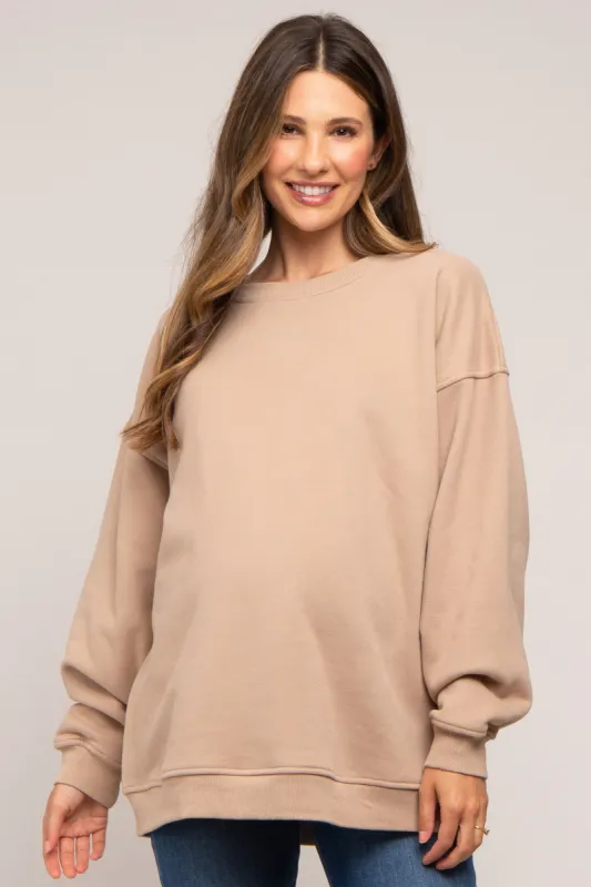 Beige Soft Knit Fleece Lined Maternity Sweatshirt sold by Pinkblush