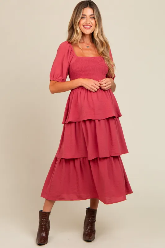 Magenta Smocked Body Ruffled Tiered Maternity Midi Dress sold by Pinkblush