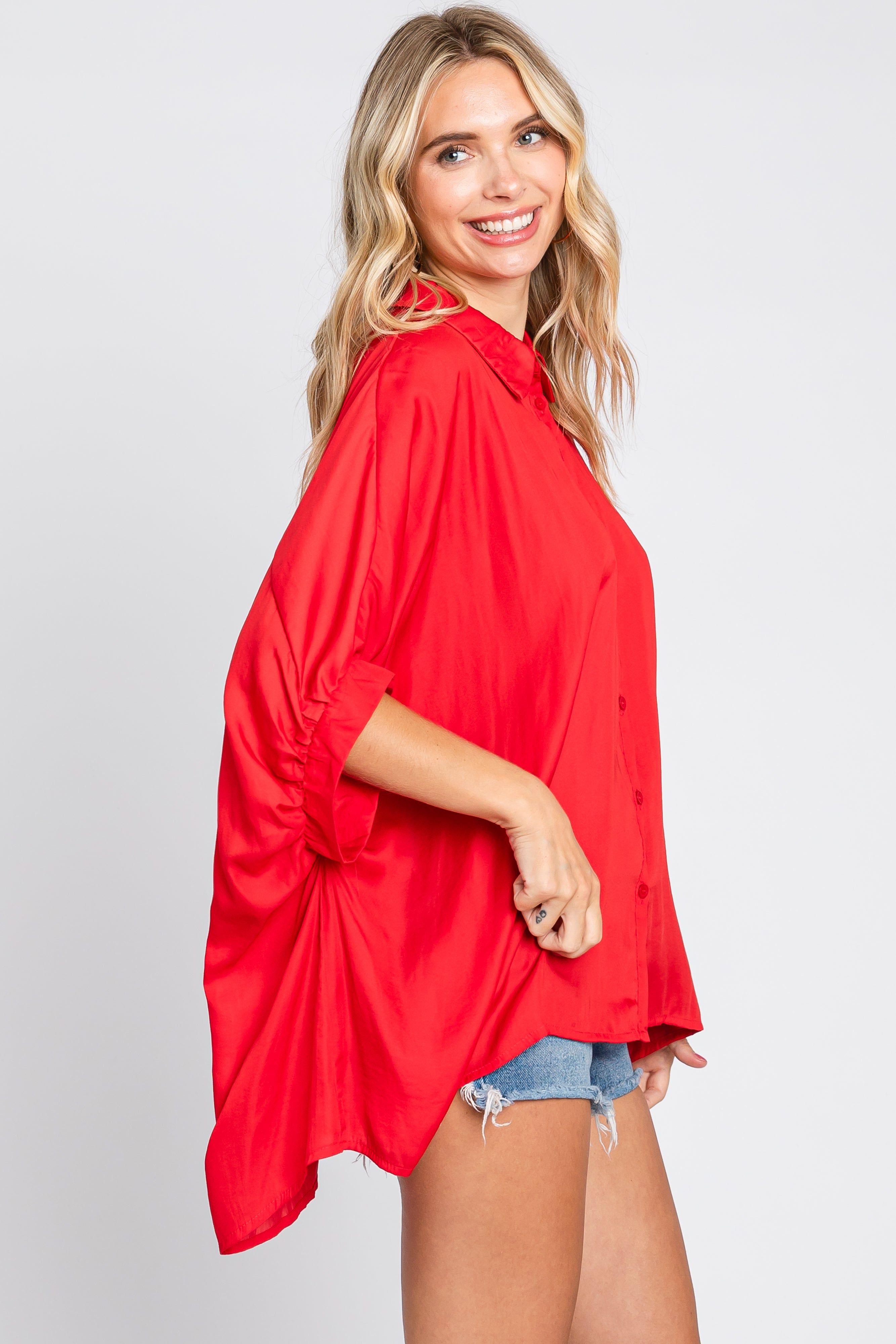 Red Oversized Button Down Blouse sold by Pinkblush product image thumbnail 3