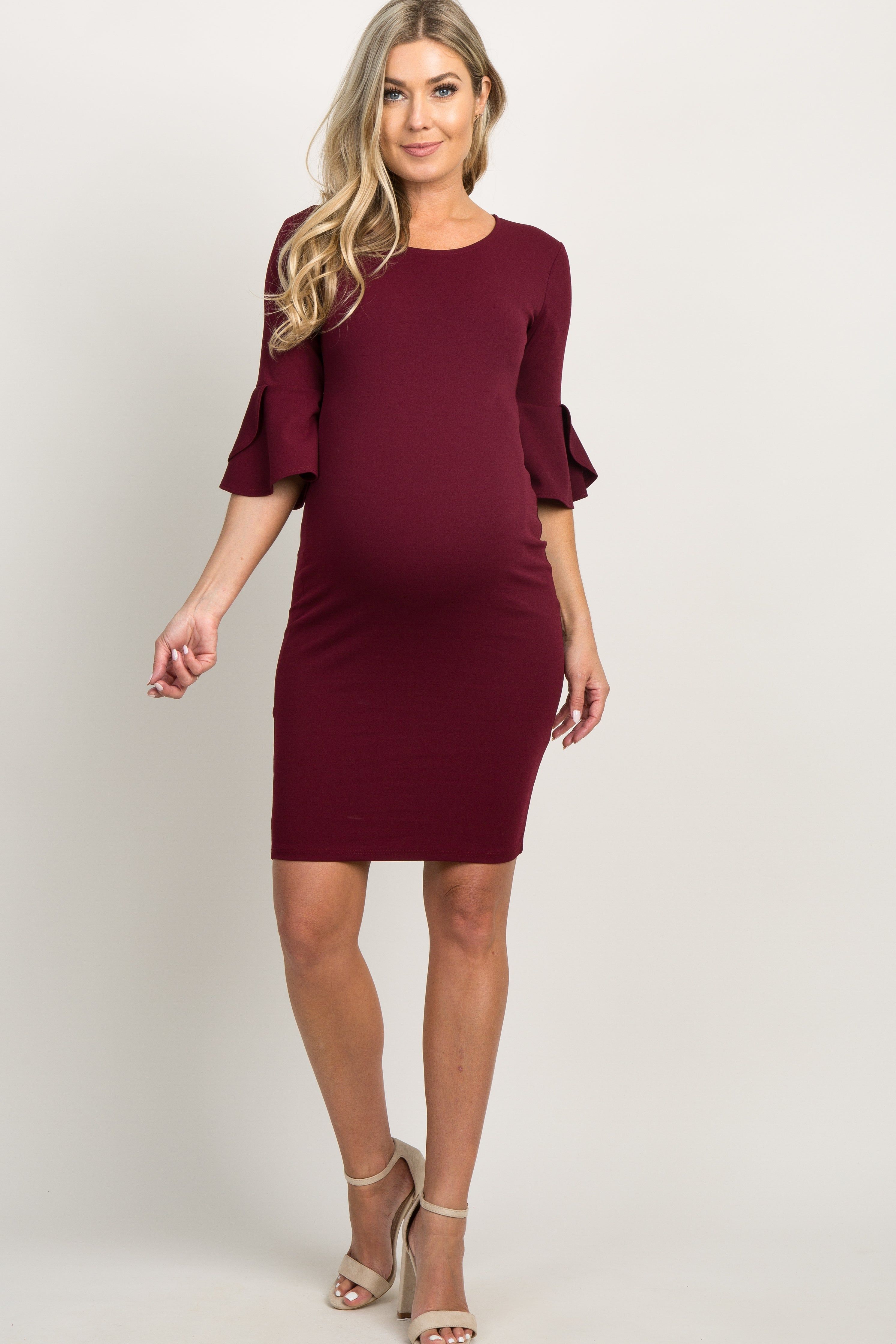 PinkBlush Burgundy Fitted Ruffle Sleeve Maternity Dress sold by Pinkblush