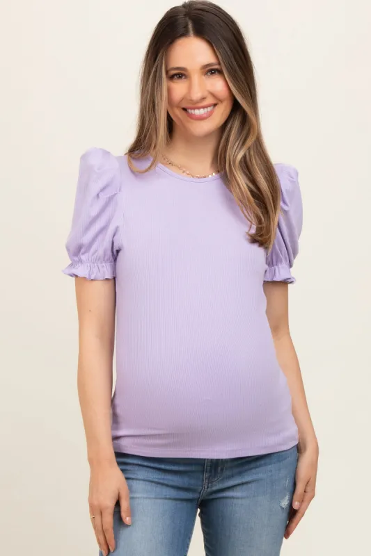 Lavender Ribbed Puff Sleeve Maternity Top sold by Pinkblush