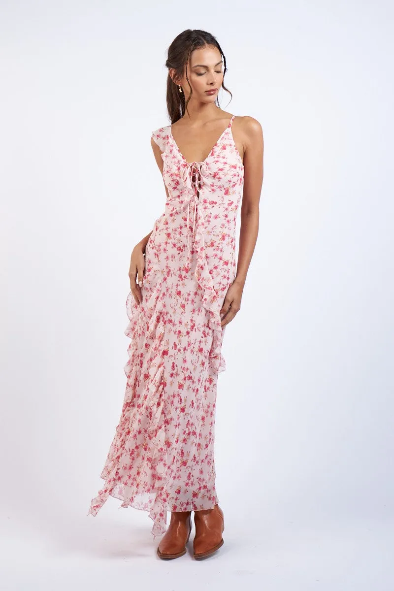 Peach Floral Asymmetric Ruffle Maxi Dress sold by Pinkblush product image thumbnail 3