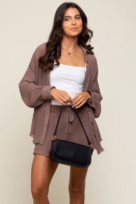 Mocha Pleated Long Sleeve Short Set sold by Pinkblush