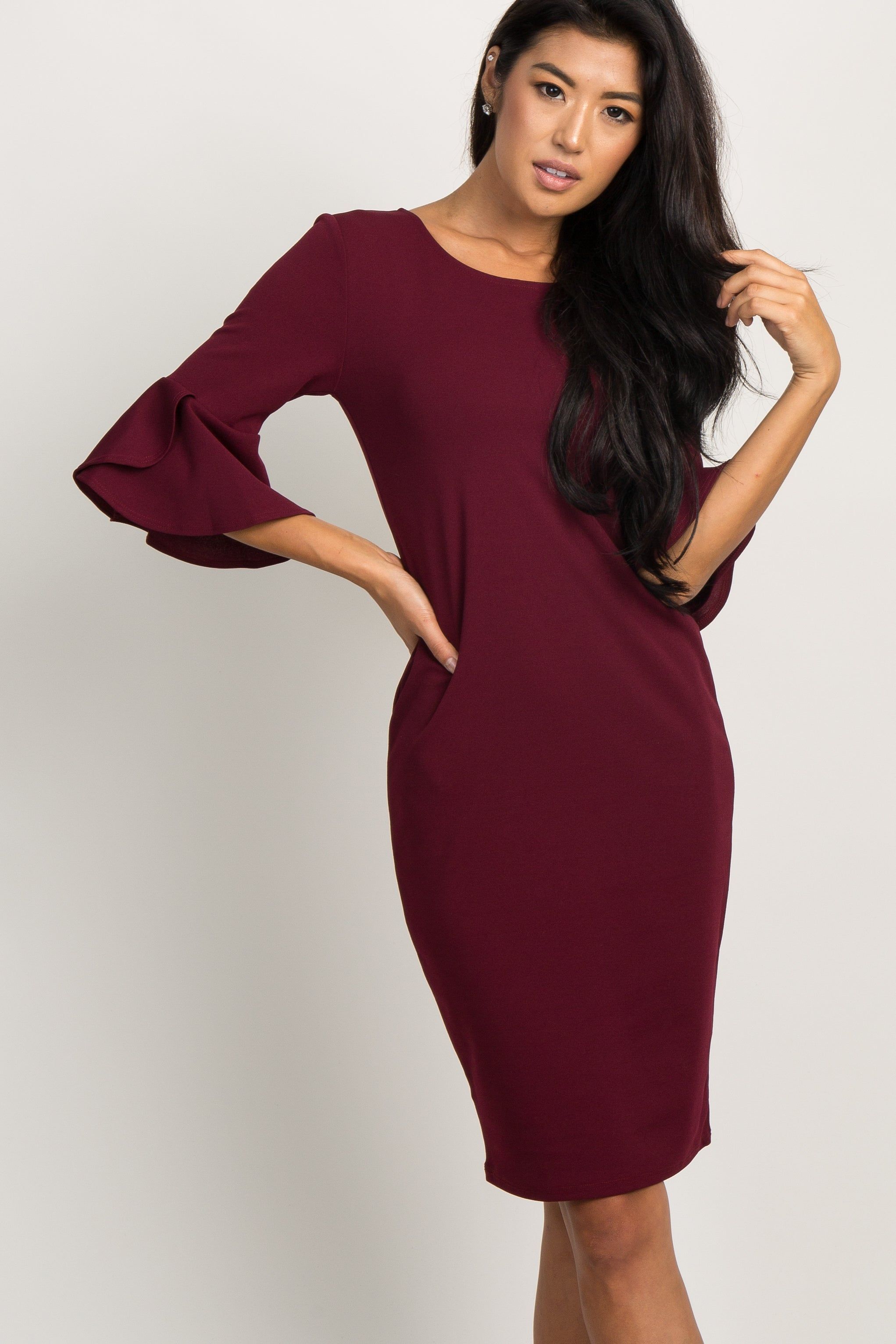 PinkBlush Burgundy Fitted Ruffle Sleeve Maternity Dress sold by Pinkblush product image thumbnail 5