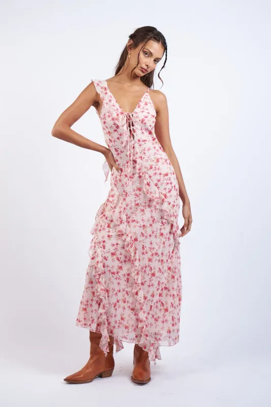 Peach Floral Asymmetric Ruffle Maxi Dress sold by Pinkblush