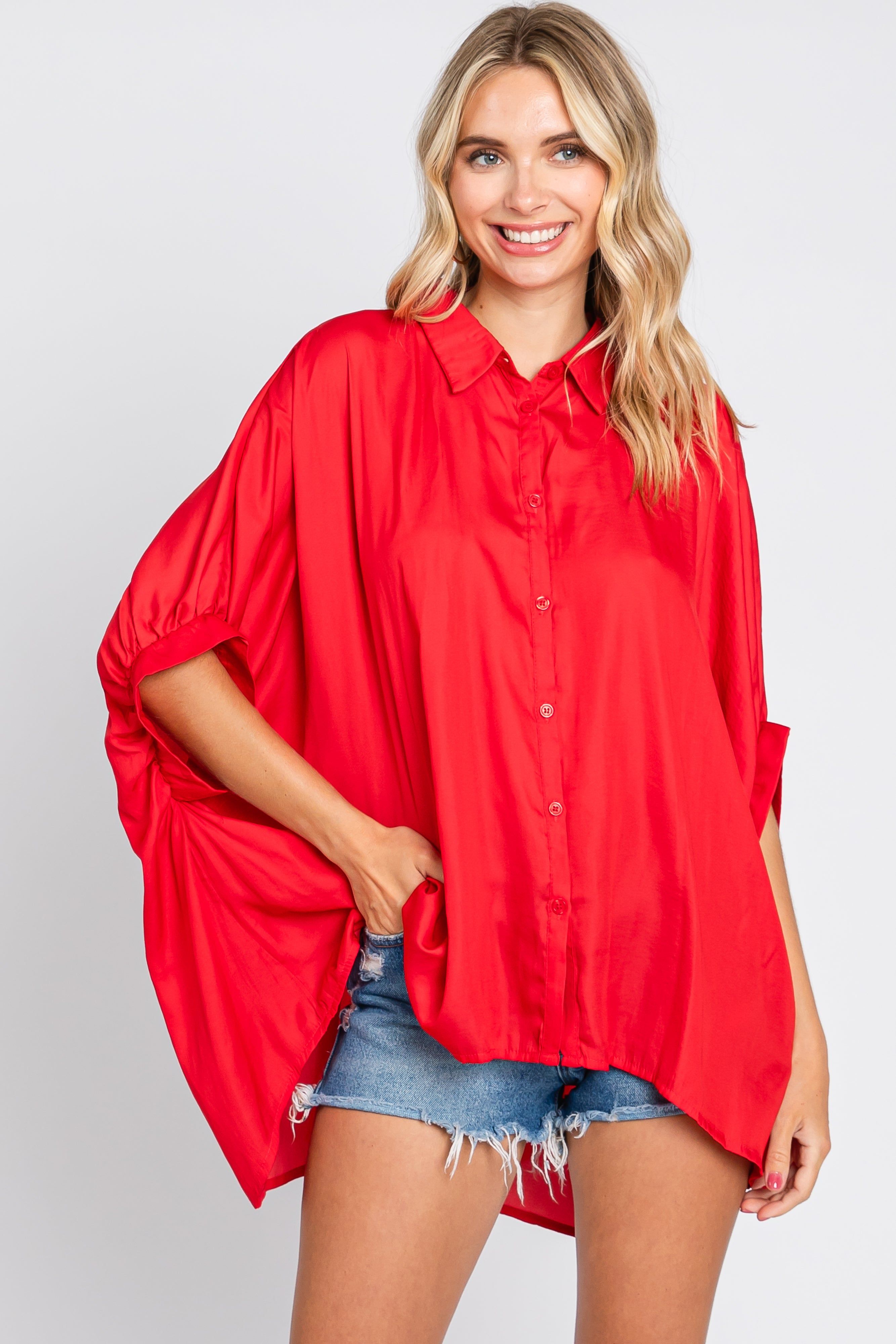 Red Oversized Button Down Blouse sold by Pinkblush product image thumbnail 2