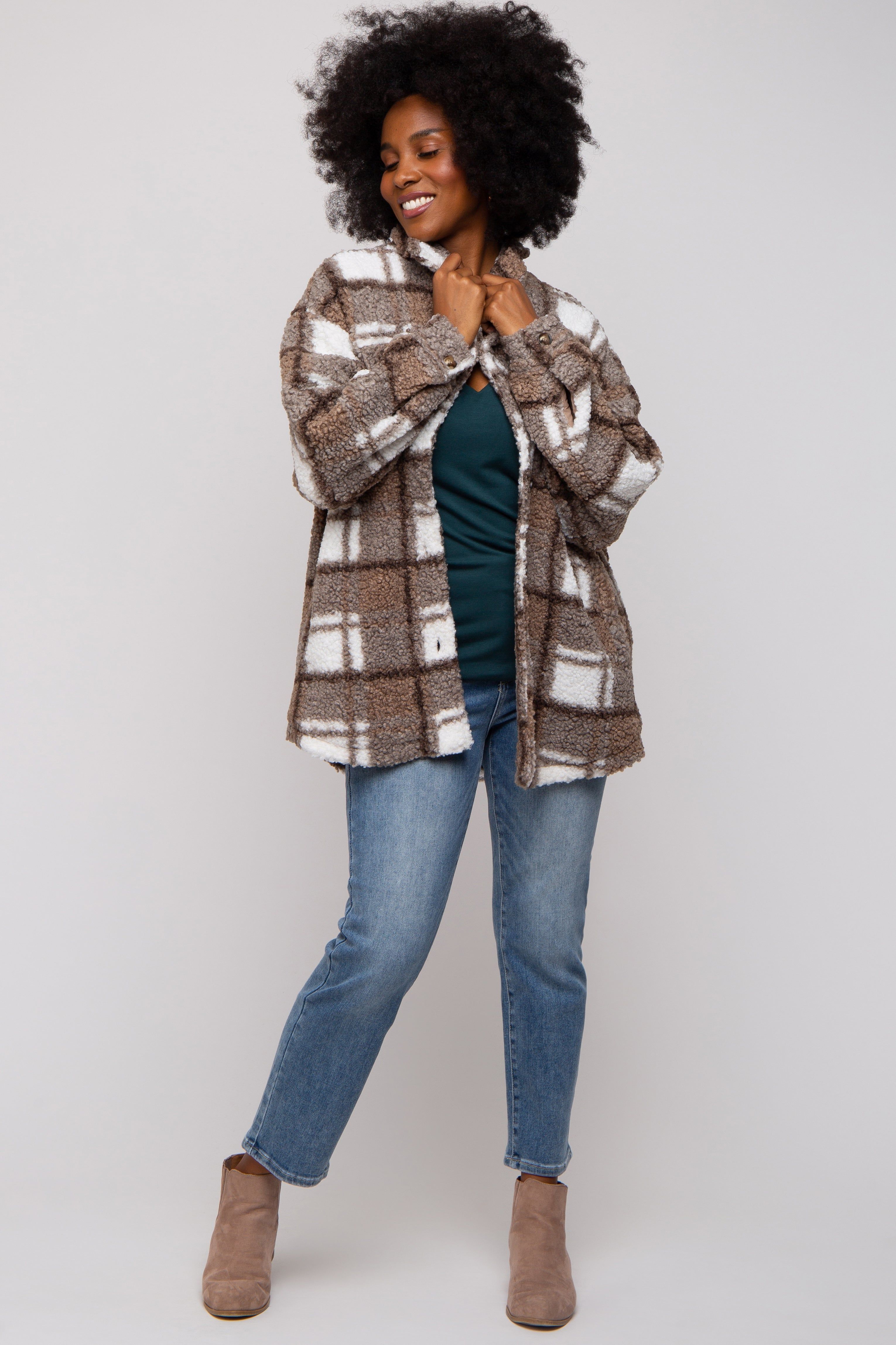 Brown Plaid Sherpa Jacket sold by Pinkblush product image thumbnail 4