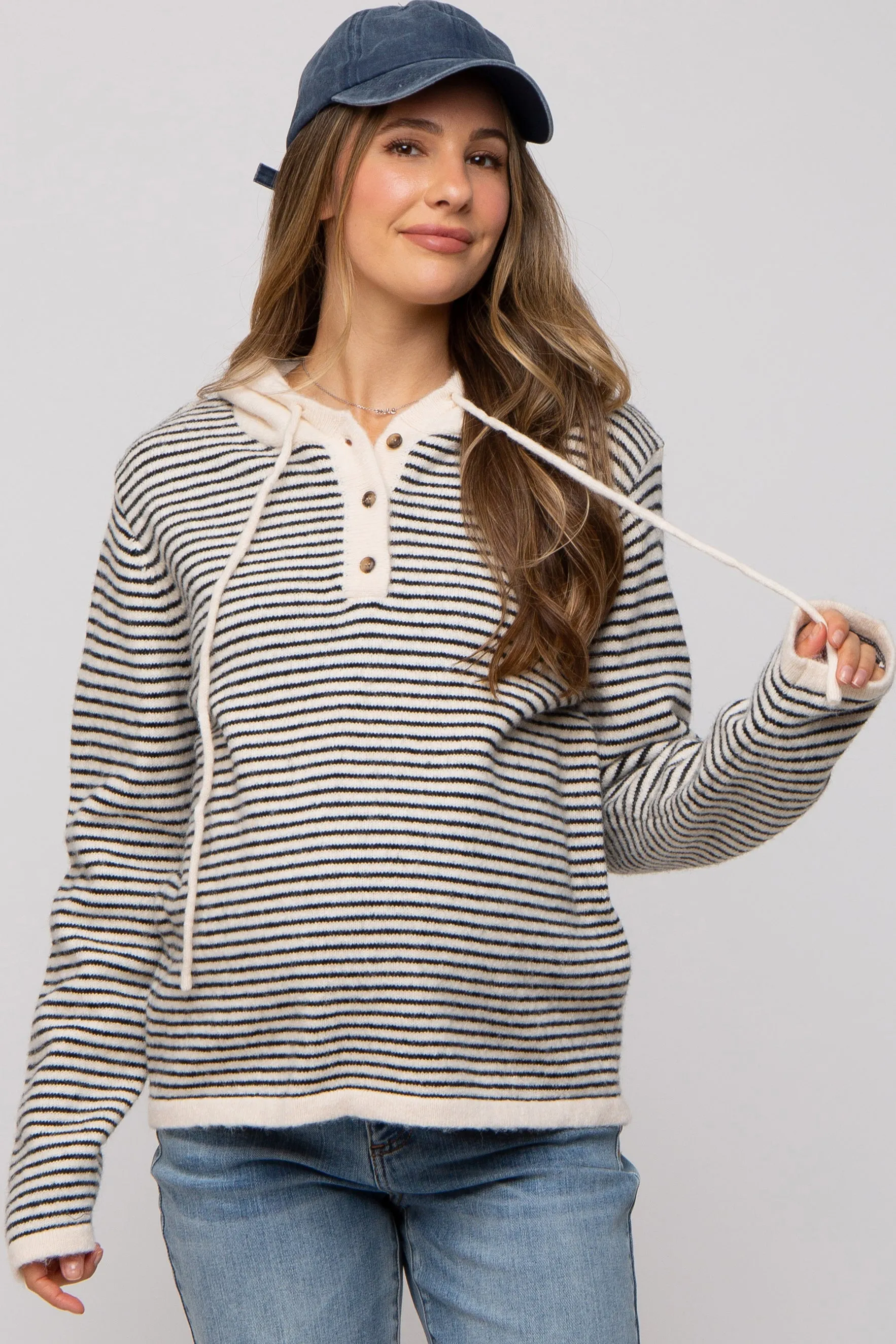 Black Striped Drawstring Hooded Maternity Sweater sold by Pinkblush