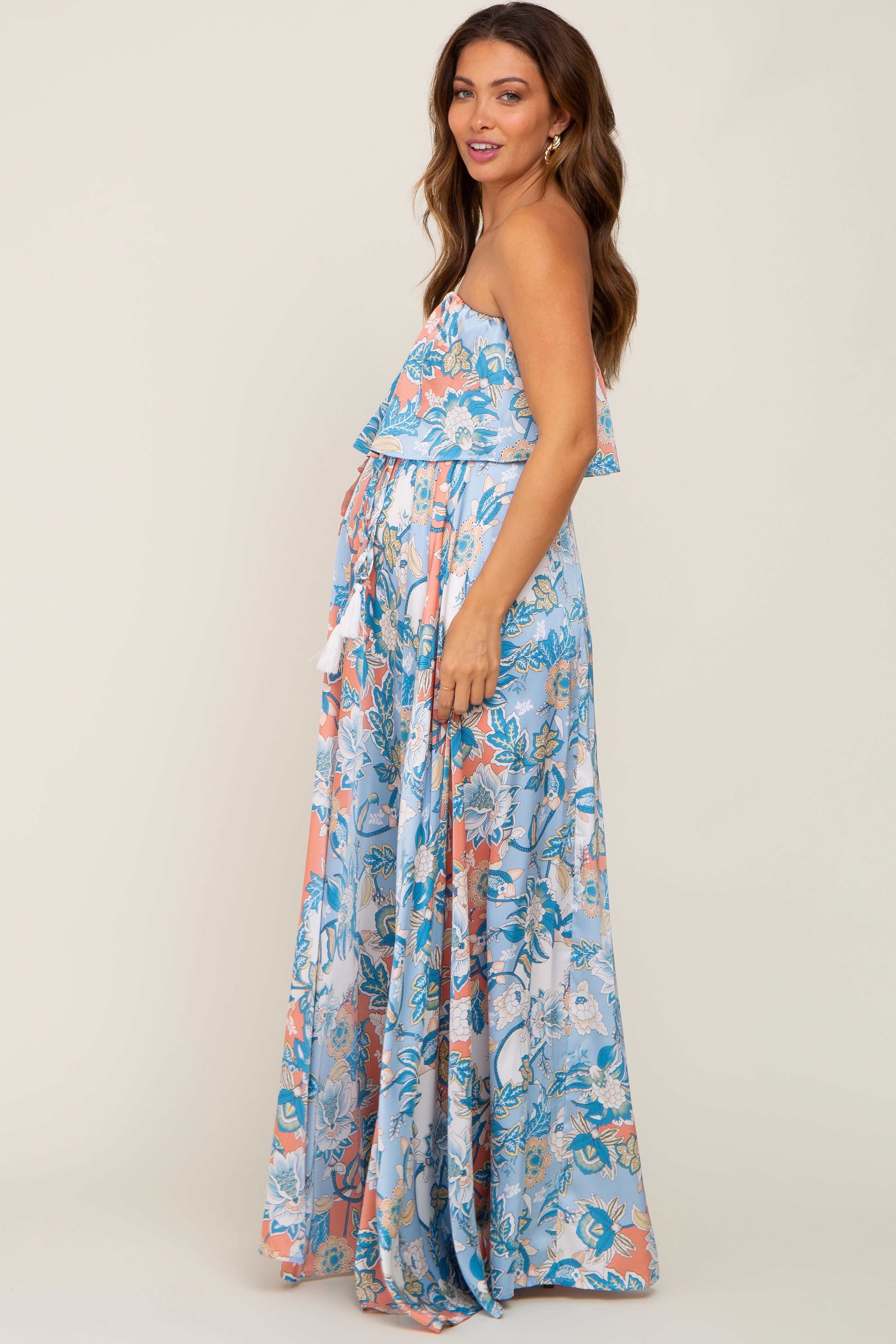 Blue Floral Satin Strapless Front Tie Maternity Maxi Dress sold by Pinkblush product image thumbnail 2