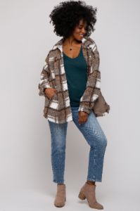 Brown Plaid Sherpa Jacket sold by Pinkblush