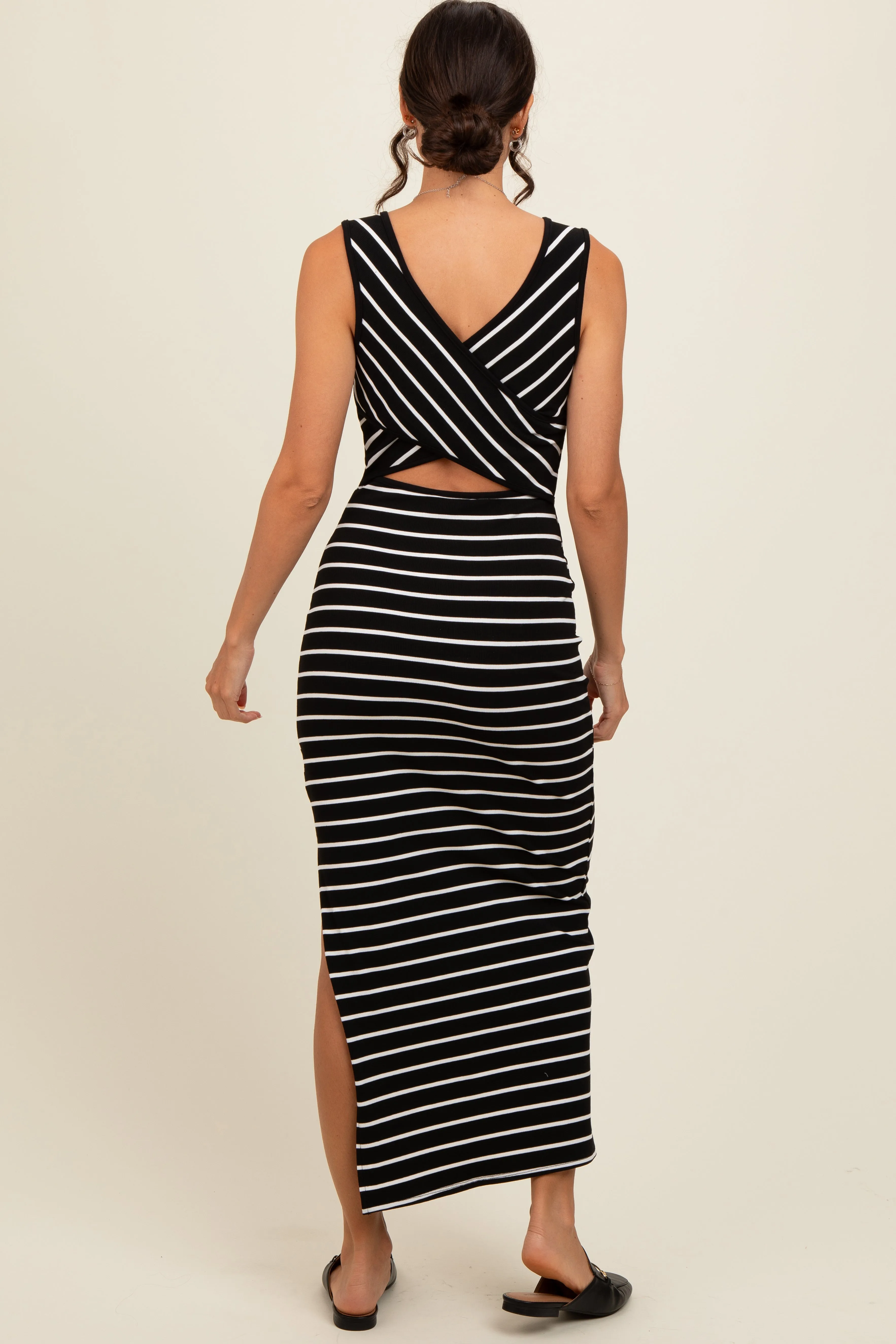 Black Striped Ribbed Open Back Maxi Dress sold by Pinkblush product image thumbnail 4