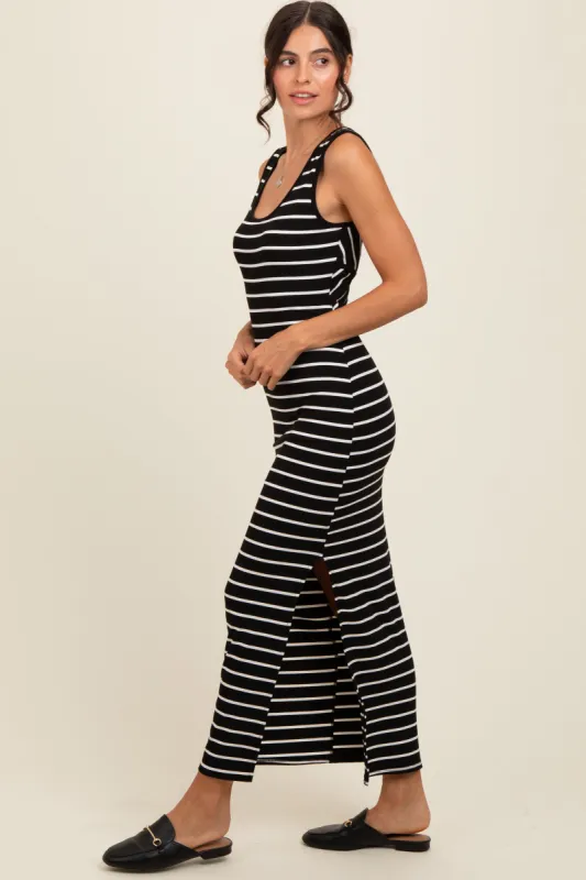 Black Striped Ribbed Open Back Maxi Dress sold by Pinkblush