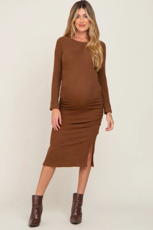 Brown Ribbed Ruched Fitted Maternity Midi Dress sold by Pinkblush