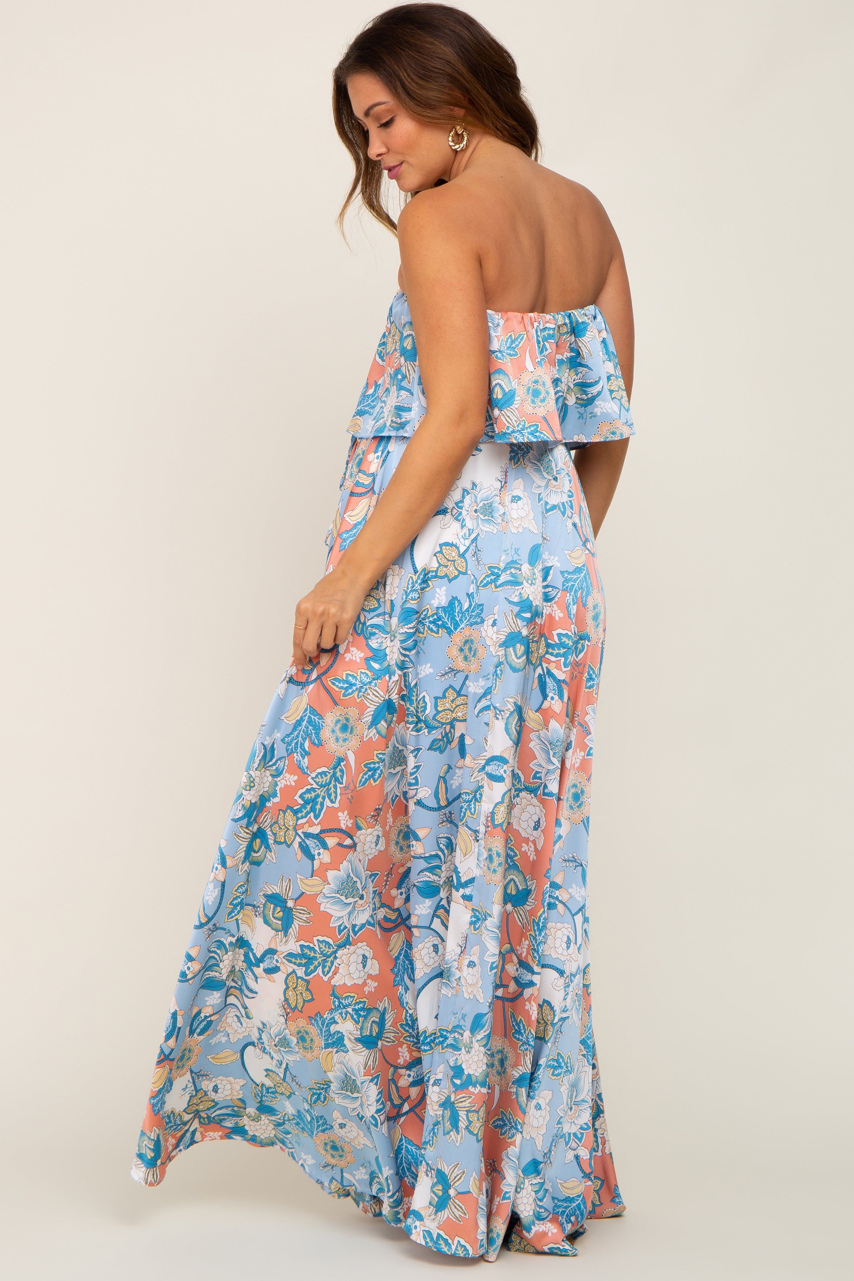 Blue Floral Satin Strapless Front Tie Maternity Maxi Dress sold by Pinkblush product image thumbnail 3