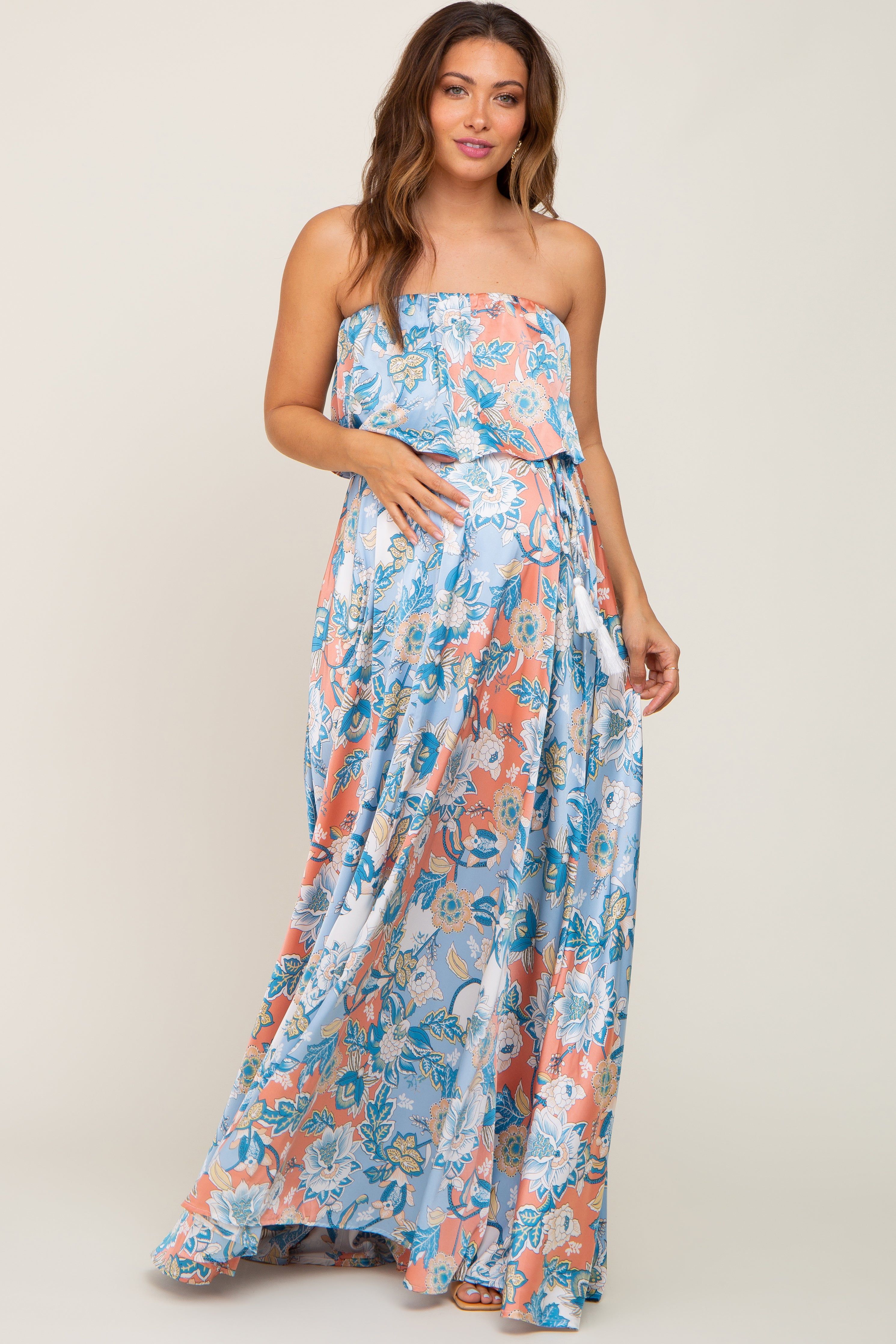 Blue Floral Satin Strapless Front Tie Maternity Maxi Dress sold by Pinkblush product image thumbnail 4