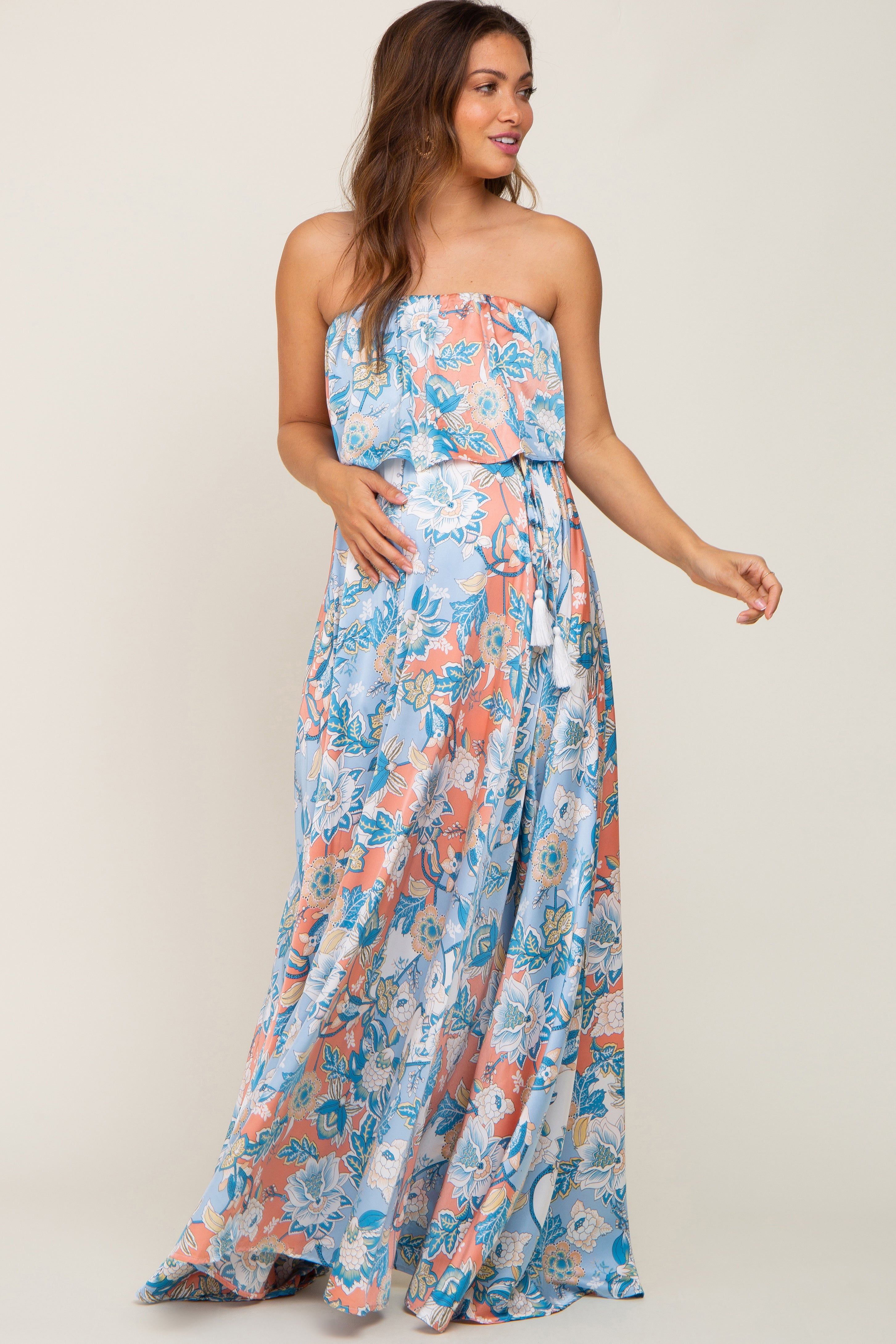 Blue Floral Satin Strapless Front Tie Maternity Maxi Dress sold by Pinkblush