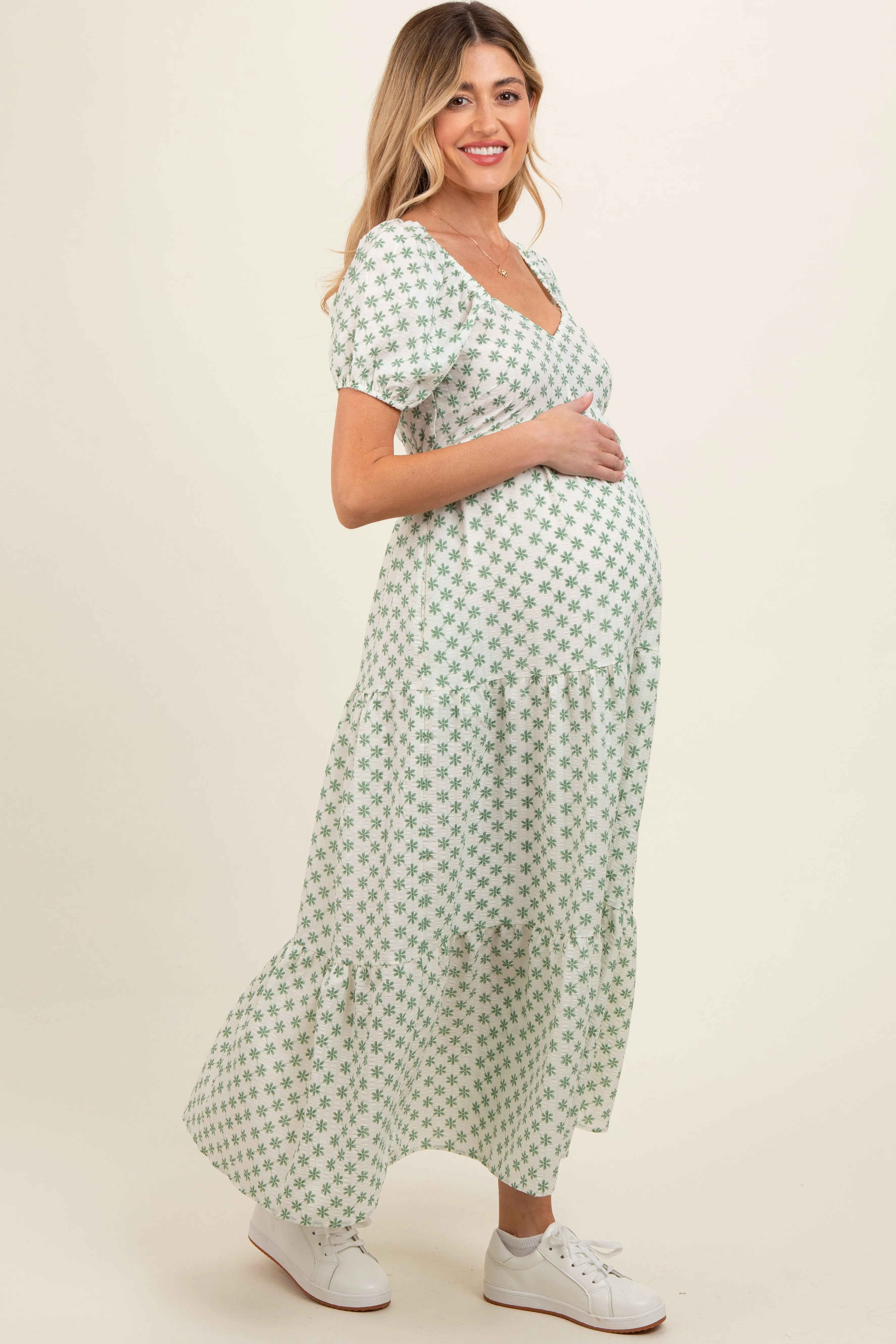 Green Floral Tiered Maternity Maxi Dress sold by Pinkblush product image thumbnail 3