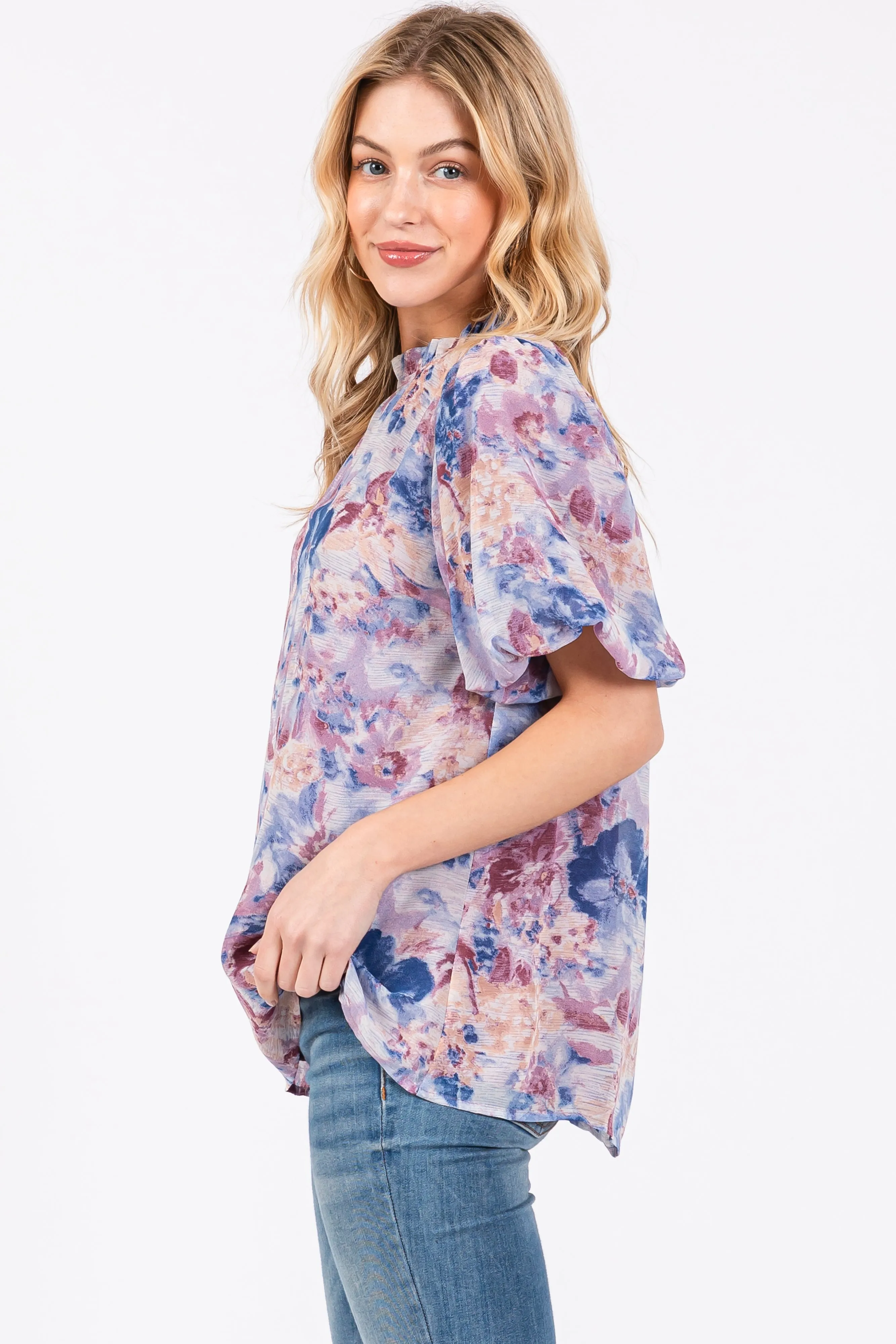 Blue Floral Puff Sleeve Blouse sold by Pinkblush product image thumbnail 2
