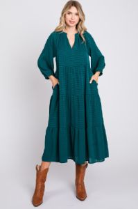 Forest Green Textured Tiered Midi Dress sold by Pinkblush