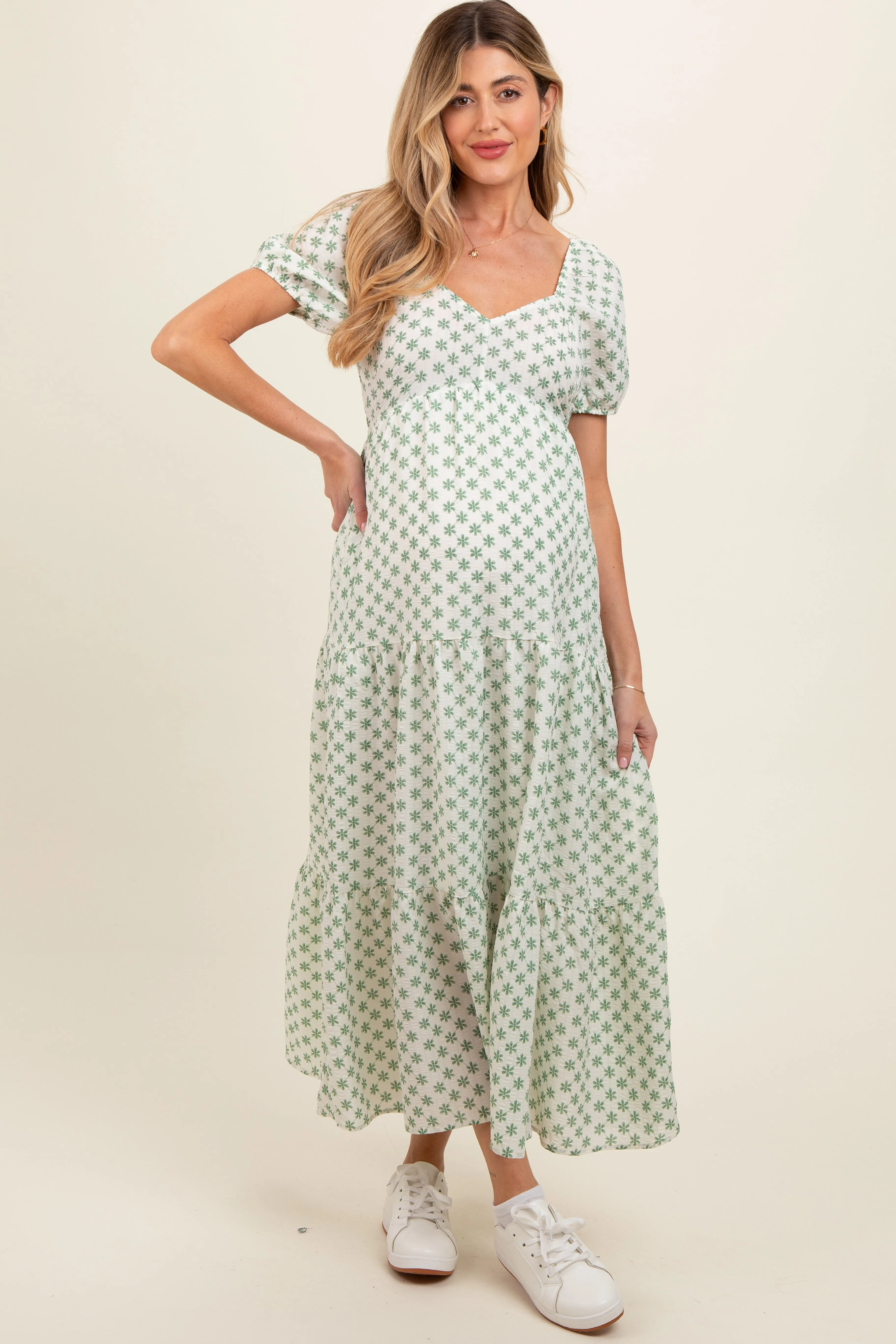 Green Floral Tiered Maternity Maxi Dress sold by Pinkblush